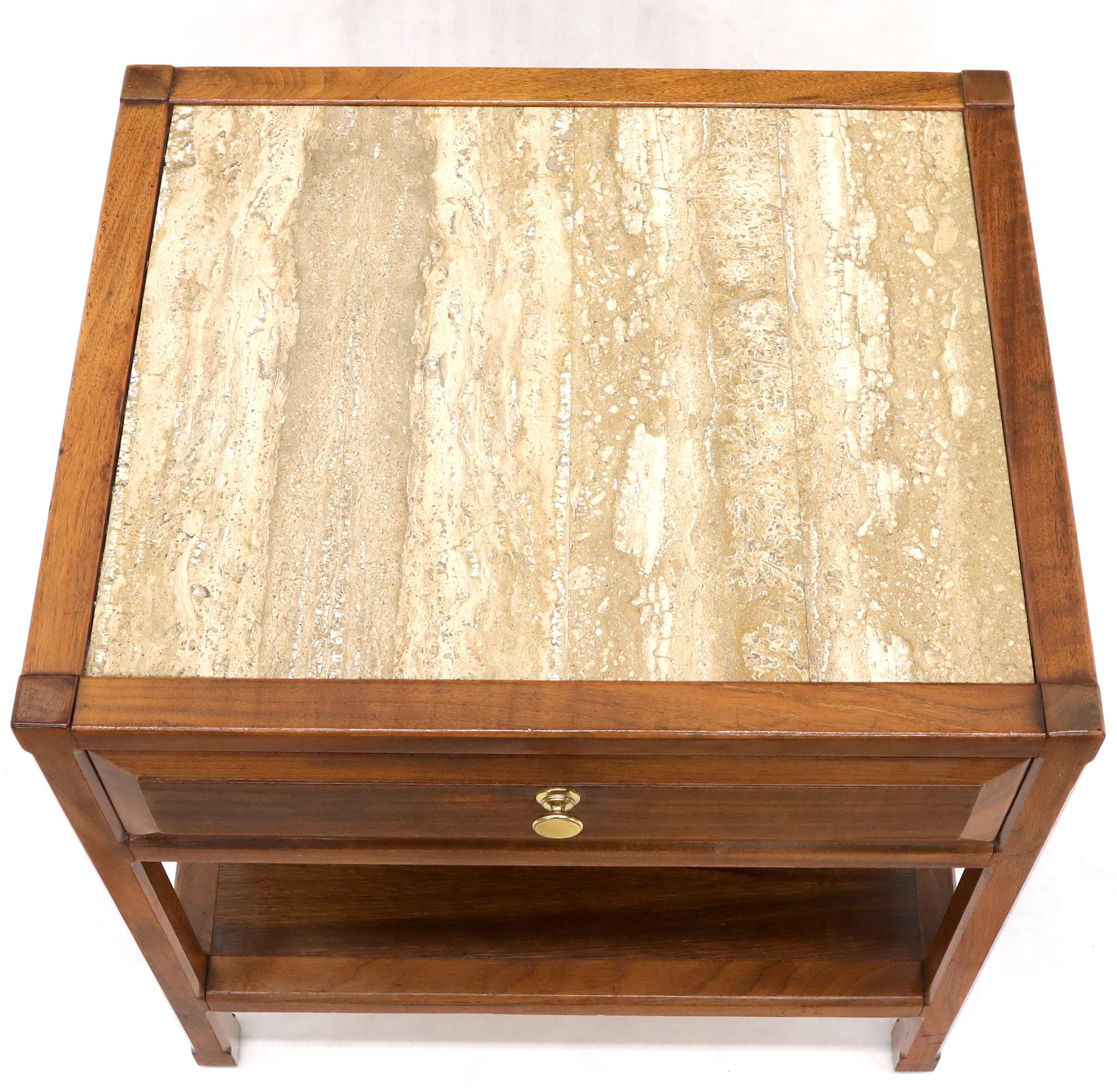 Mid-Century Modern John Widdicomb Solid Walnut Oak Interior Travertine Top End Table Stand For Sale