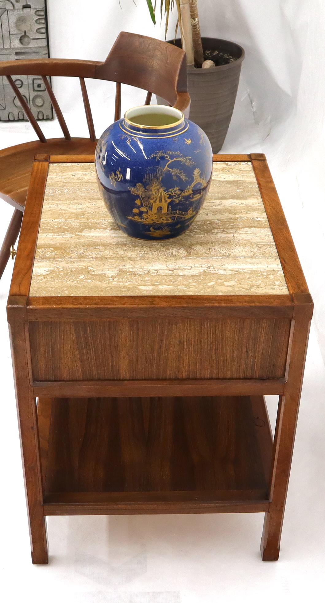 20th Century John Widdicomb Solid Walnut Oak Interior Travertine Top End Table Stand For Sale