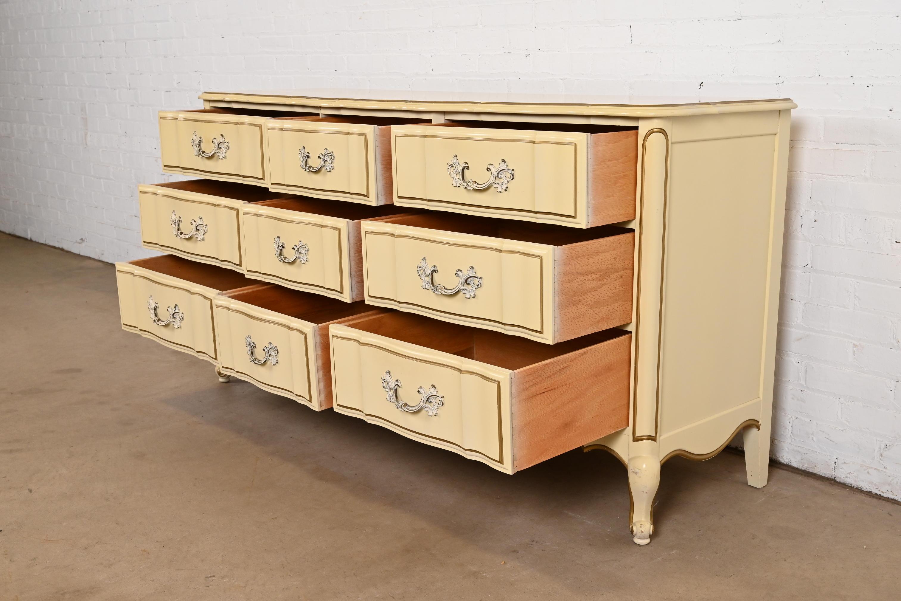 Brass John Widdicomb Style French Provincial Louis XV Cream Lacquered Dresser, 1950s For Sale