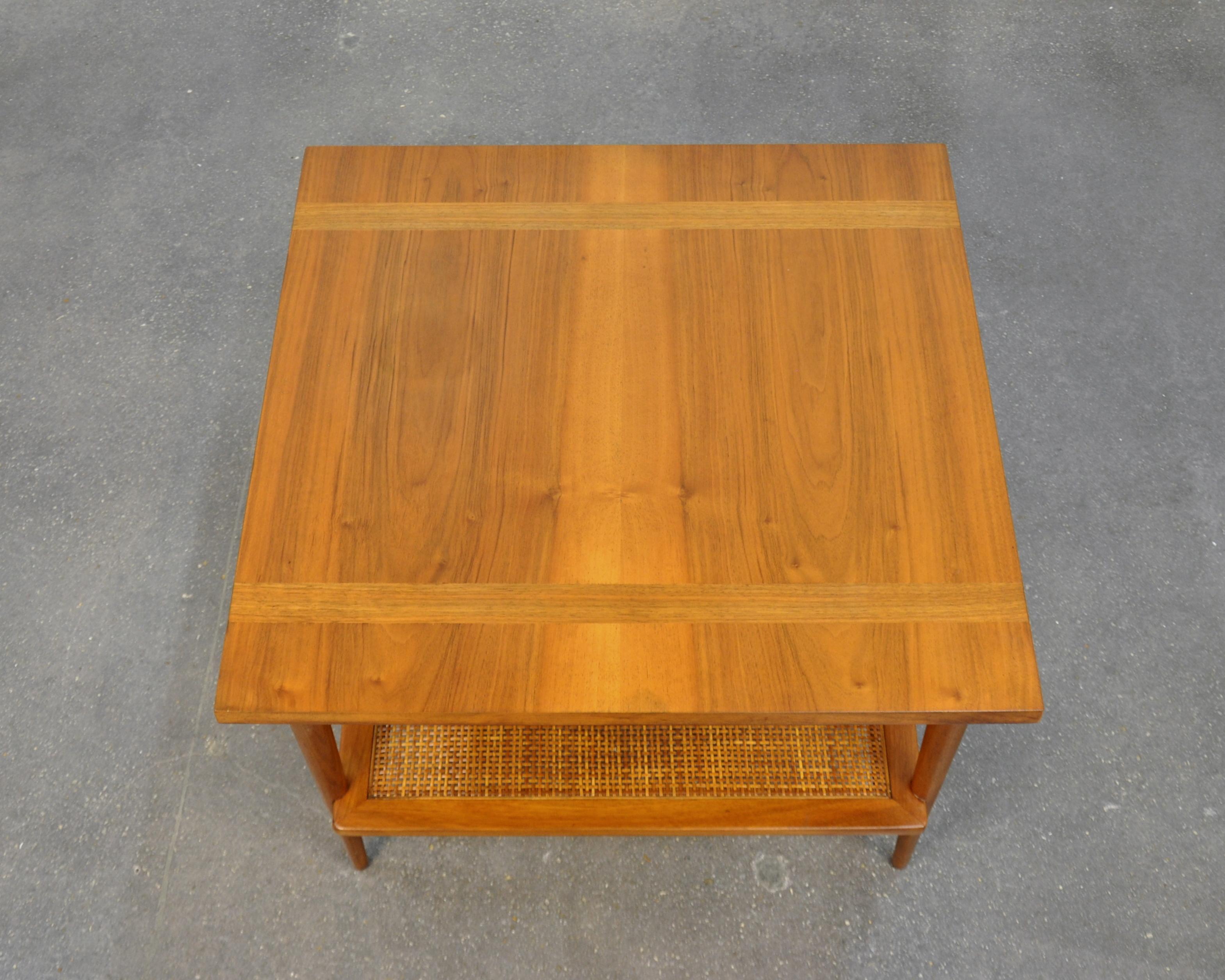 Mid-20th Century Widdicomb Two-Tier Walnut and Cane Side Table