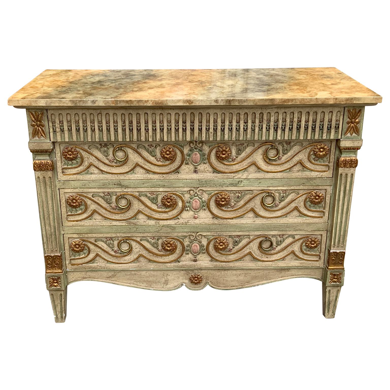 A beautiful John Widdicomb hand painted Venetian 3 Drawer chest. Faux marble painted top. The front of the chest is hand carved and painted in a fabulous green and gilt gold unique patina. Has nice brass ring pulls and  a fourth top secret