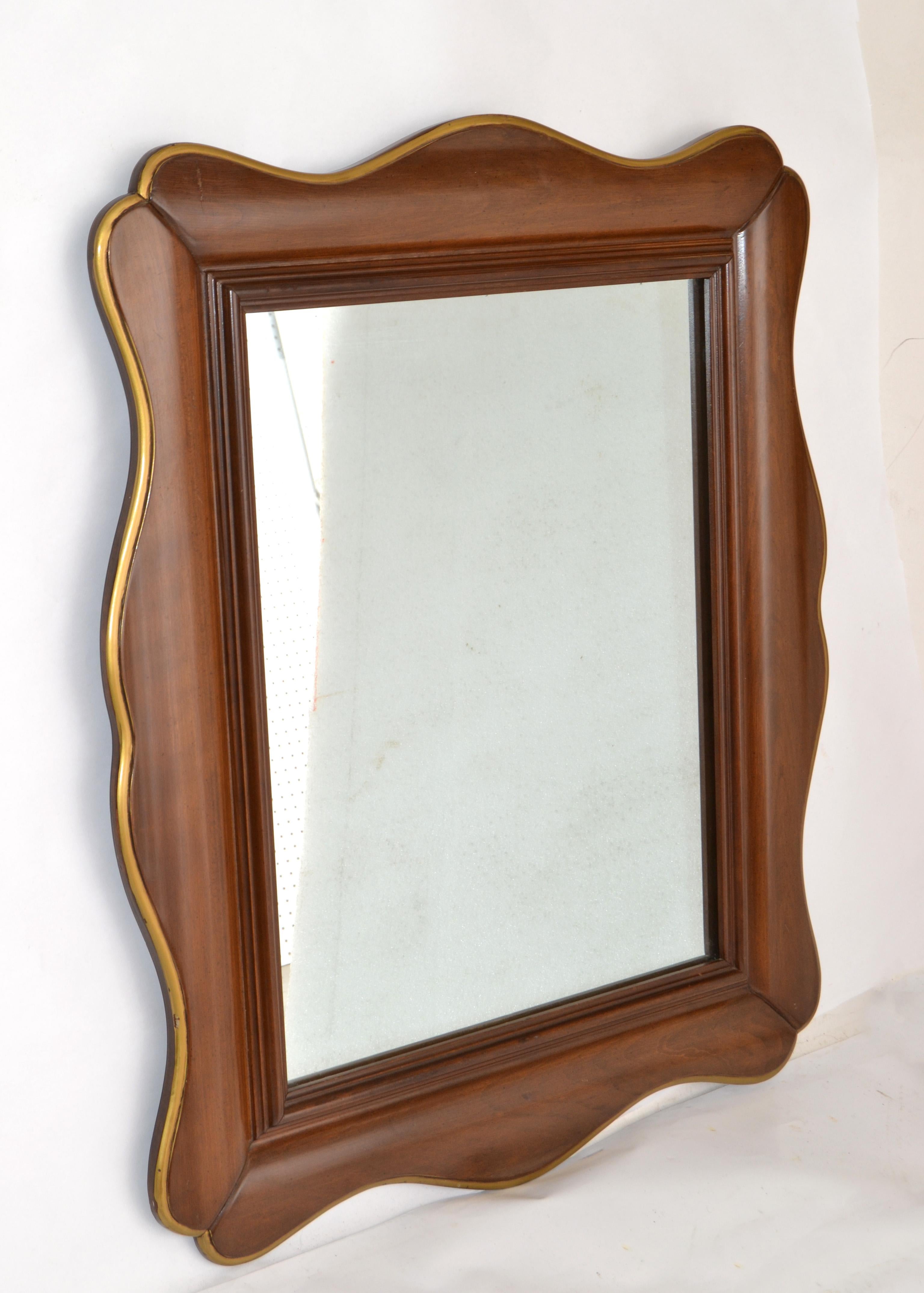 John Widdicomb Walnut & Gilt Accent Scalloped Rectangle Vintage Wall Mirror 70s For Sale 5
