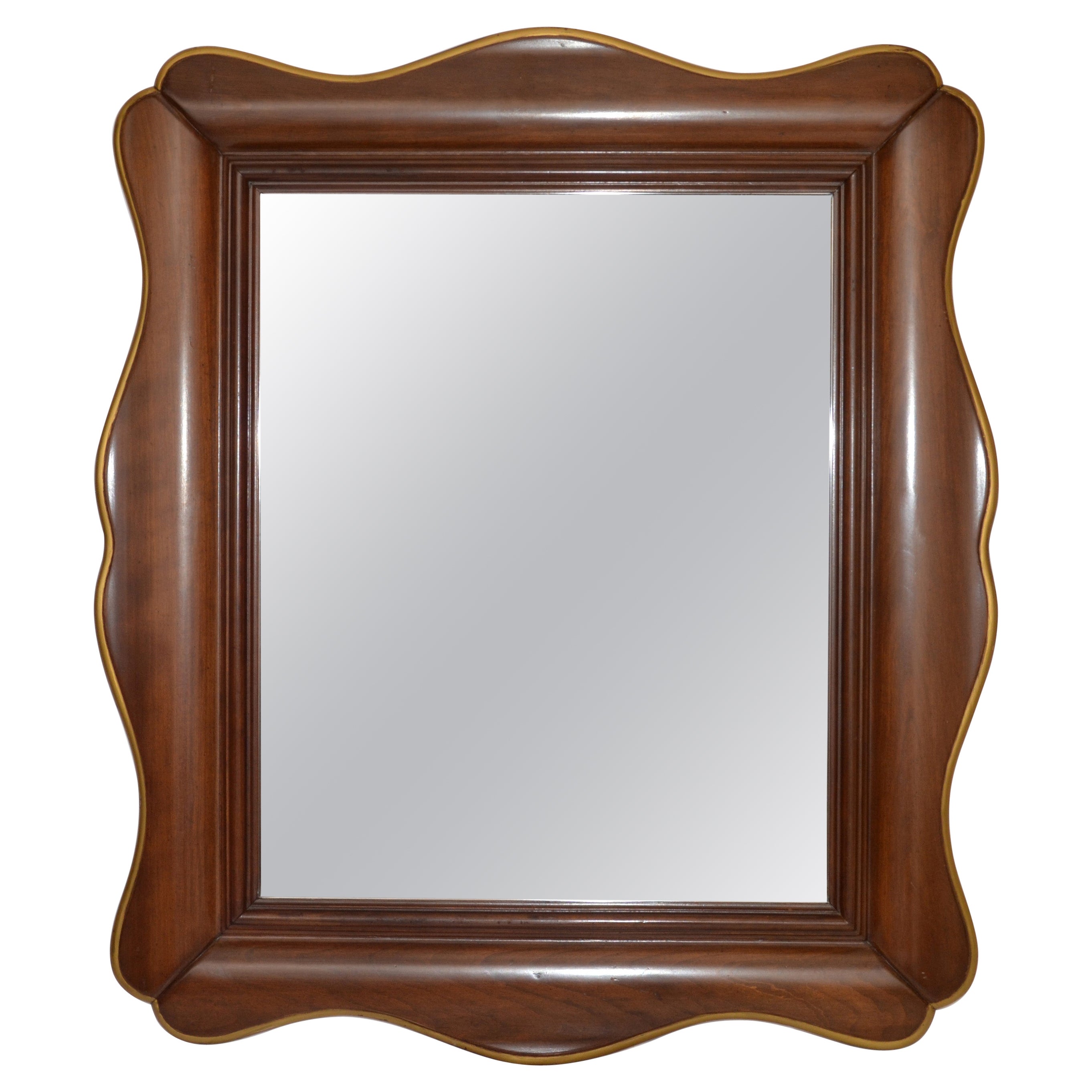 John Widdicomb Walnut & Gilt Accent Scalloped Rectangle Vintage Wall Mirror 70s