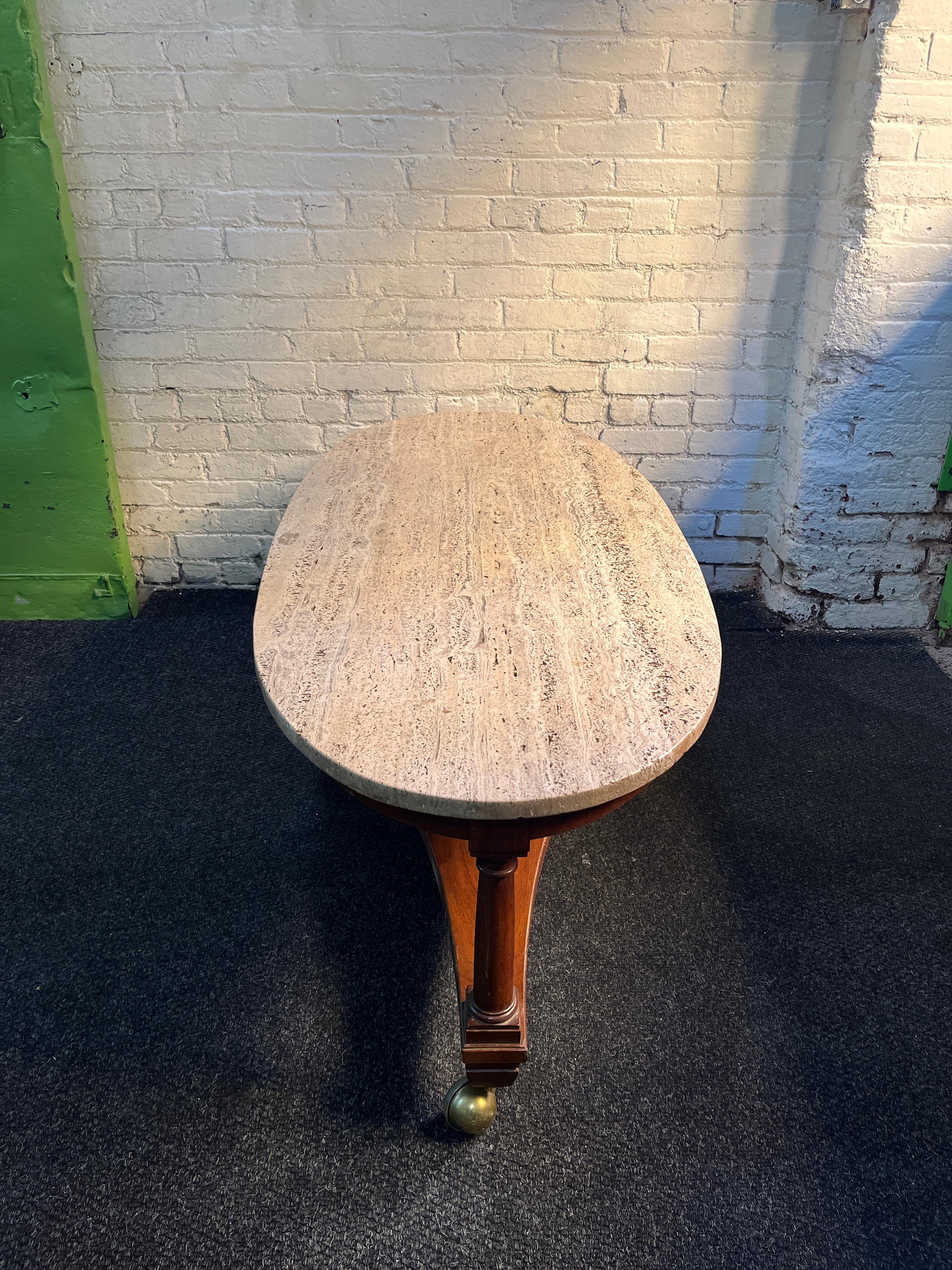 Mid-Century Modern John Widdicomb Wm a Berkey Travertine and Walnut Surf Board Style Coffee Table For Sale