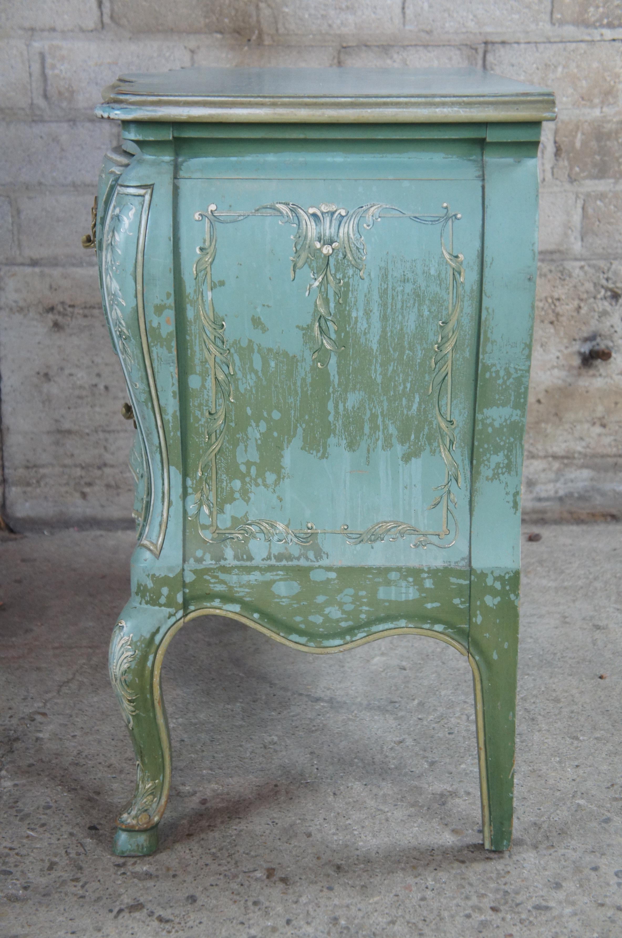 John Widdicomb WM Burkey Boho Chic Distressed Teal Commode Bombe Chest Dresser 2