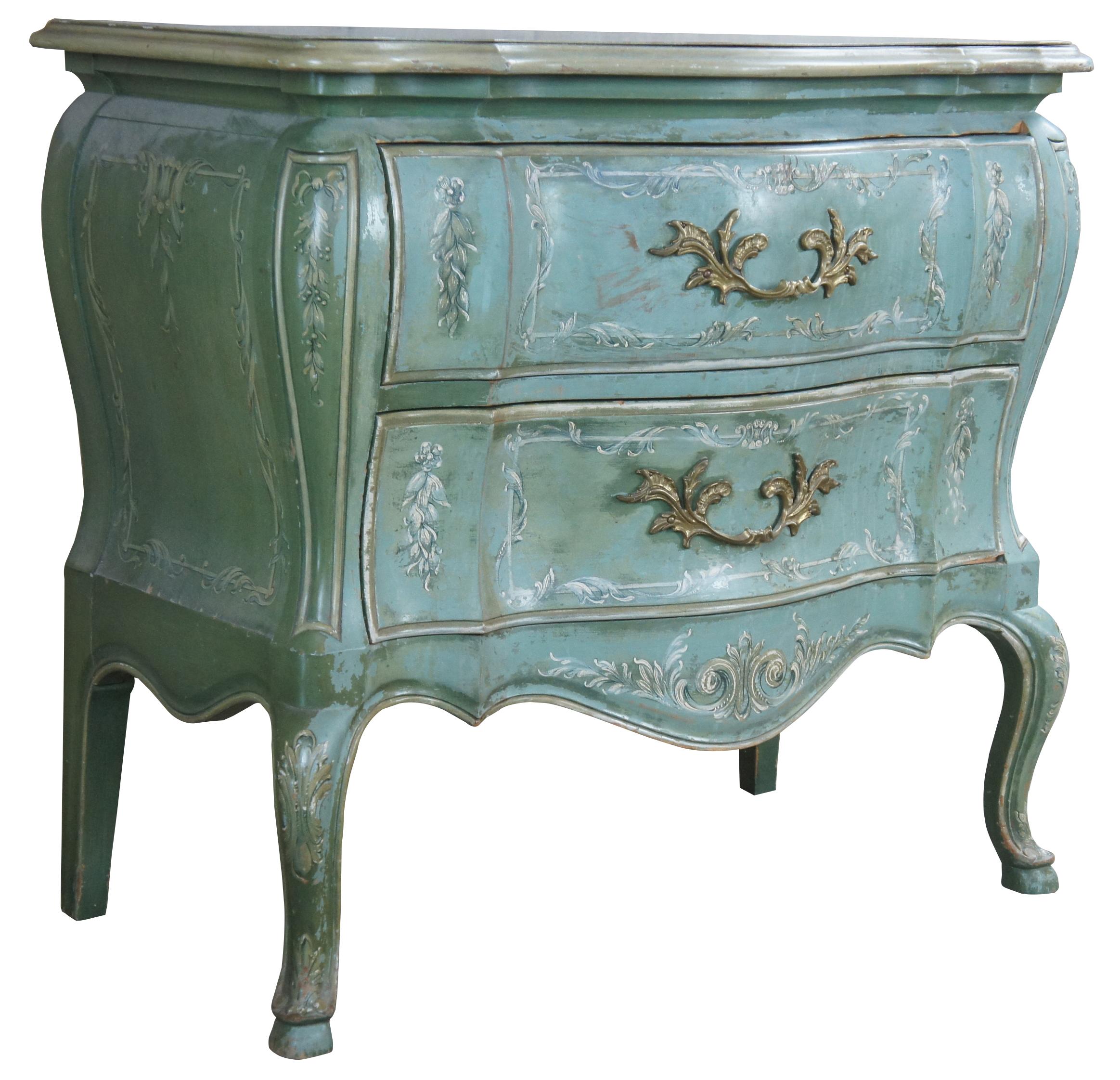 Circa 1960s William A Berkey Chest for John Widdicomb.  A stunning serpentine bombe commode chest with a teal / turquoise / blue green finish.  Includes hand painted accents, brass hardware, dovetailed drawers and cabriole legs.

Berkey, William A.