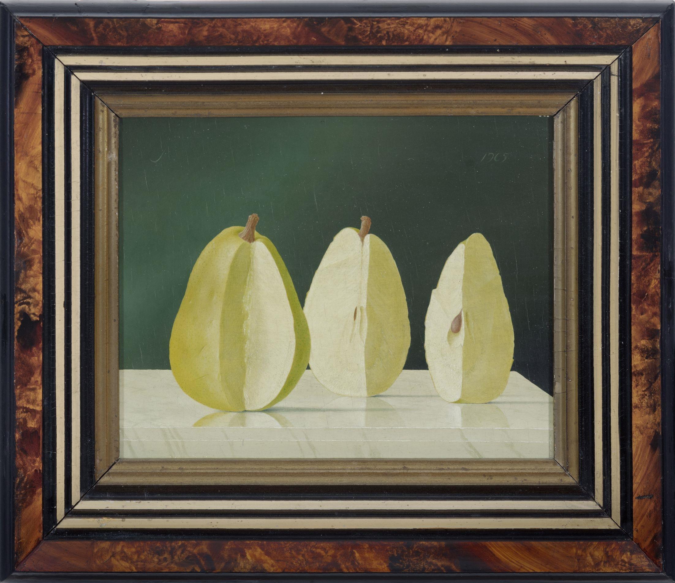 20th century oil painting on wood panel still life signed fruit small pears - Painting by John Wilde