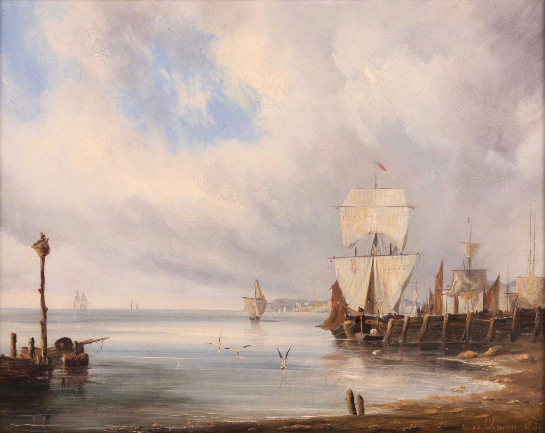 Barche ormeggiate, con la marea che si sta ritirando - Painting di John Willes Johnson 