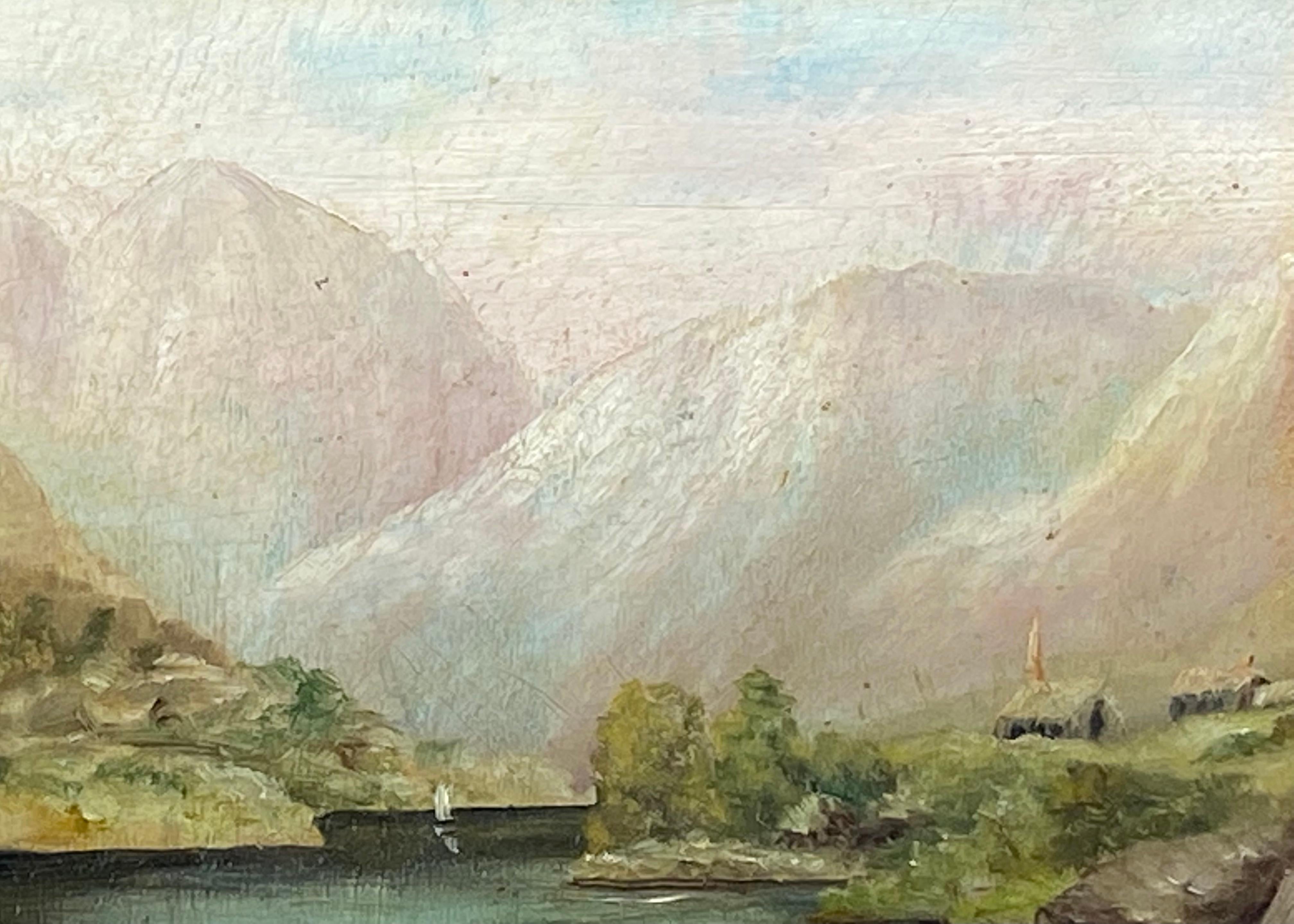 Schönes Gemälde in Öl auf Faserplatte mit einer Ansicht der Schweiz des amerikanischen Künstlers John William Casilear.  Signiert mit Monogram unten links.  Der Zustand ist ausgezeichnet. Circa 1857/1858. Das Gemälde ist in einem zeitgenössischen