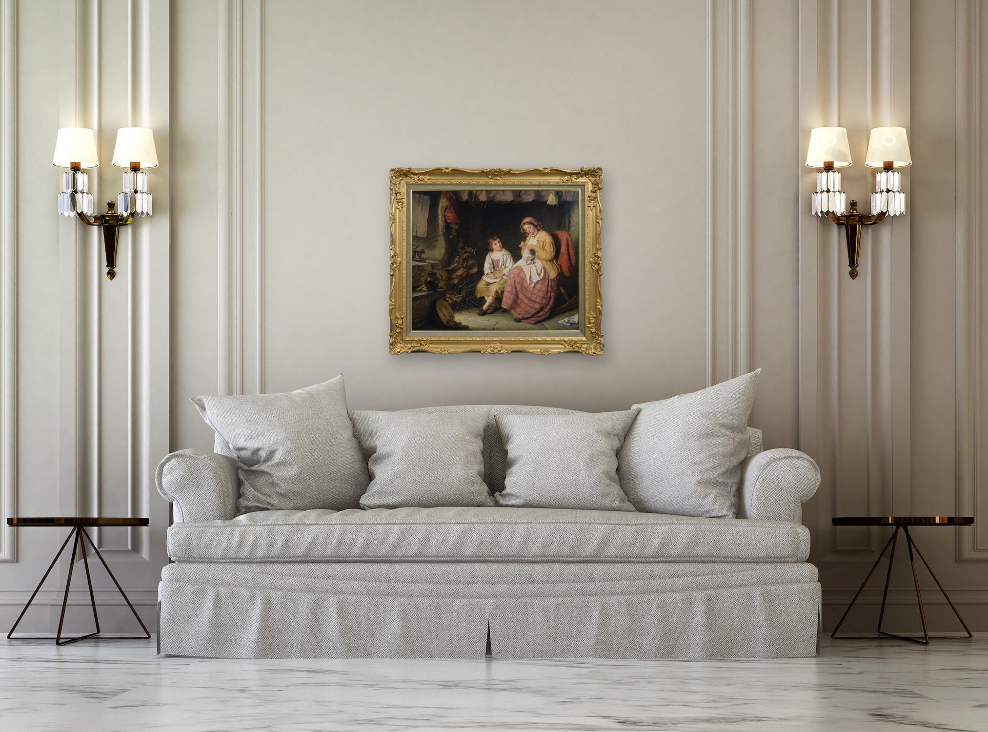 19th Century genre oil painting of a woman & a girl in a cottage en vente 5