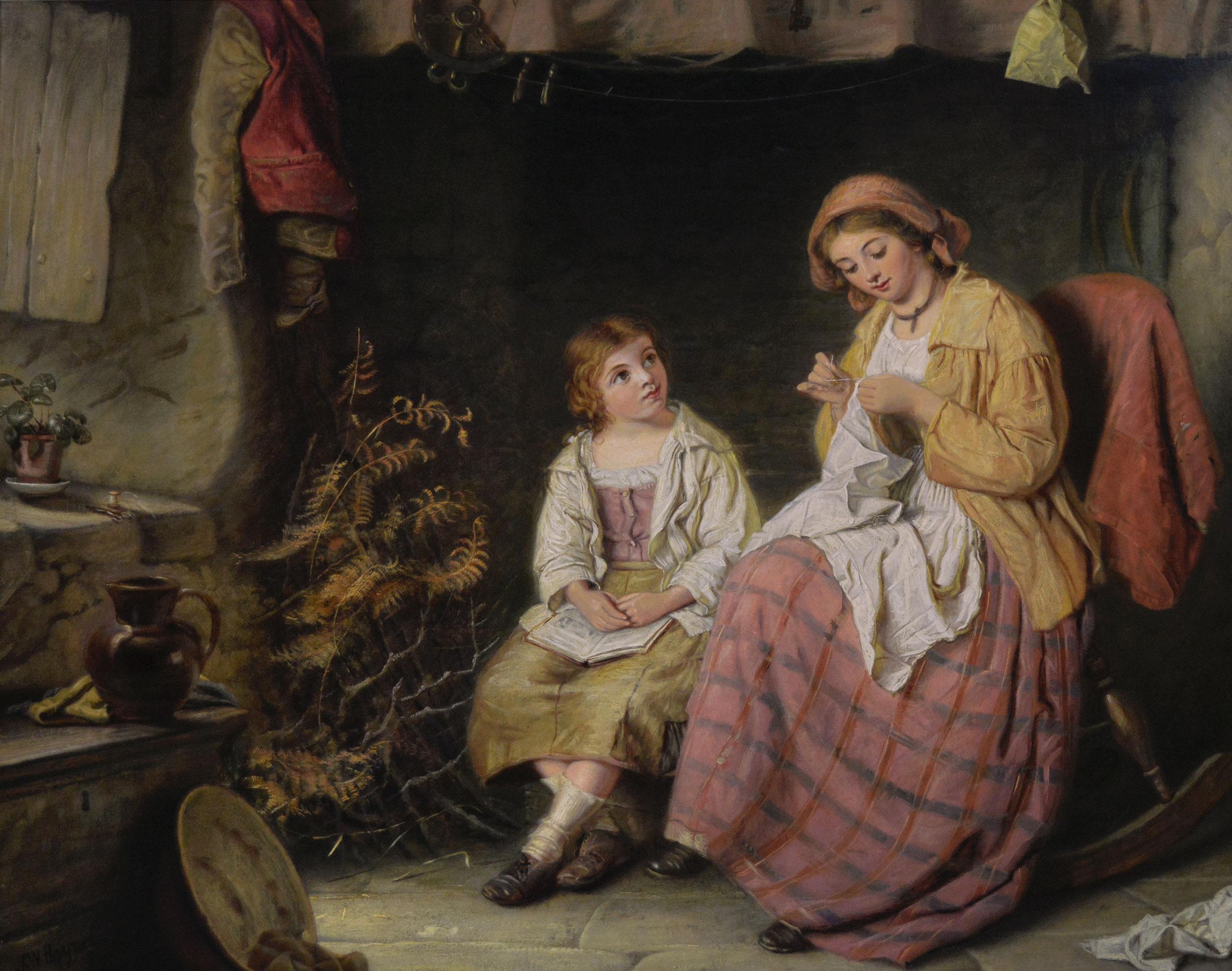 19th Century genre oil painting of a woman & a girl in a cottage - Painting de John William Haynes