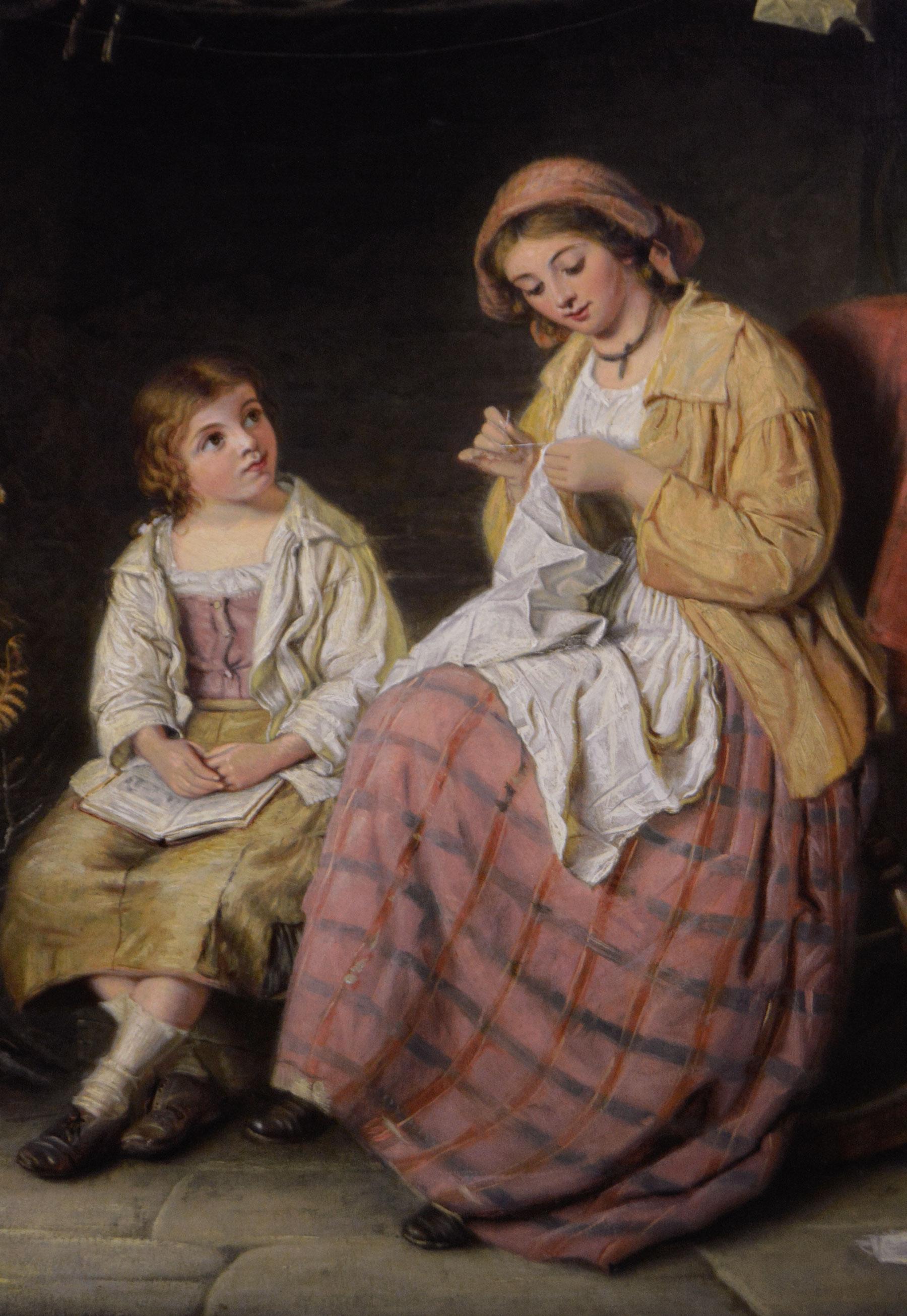 19th Century genre oil painting of a woman & a girl in a cottage - Victorien Painting par John William Haynes