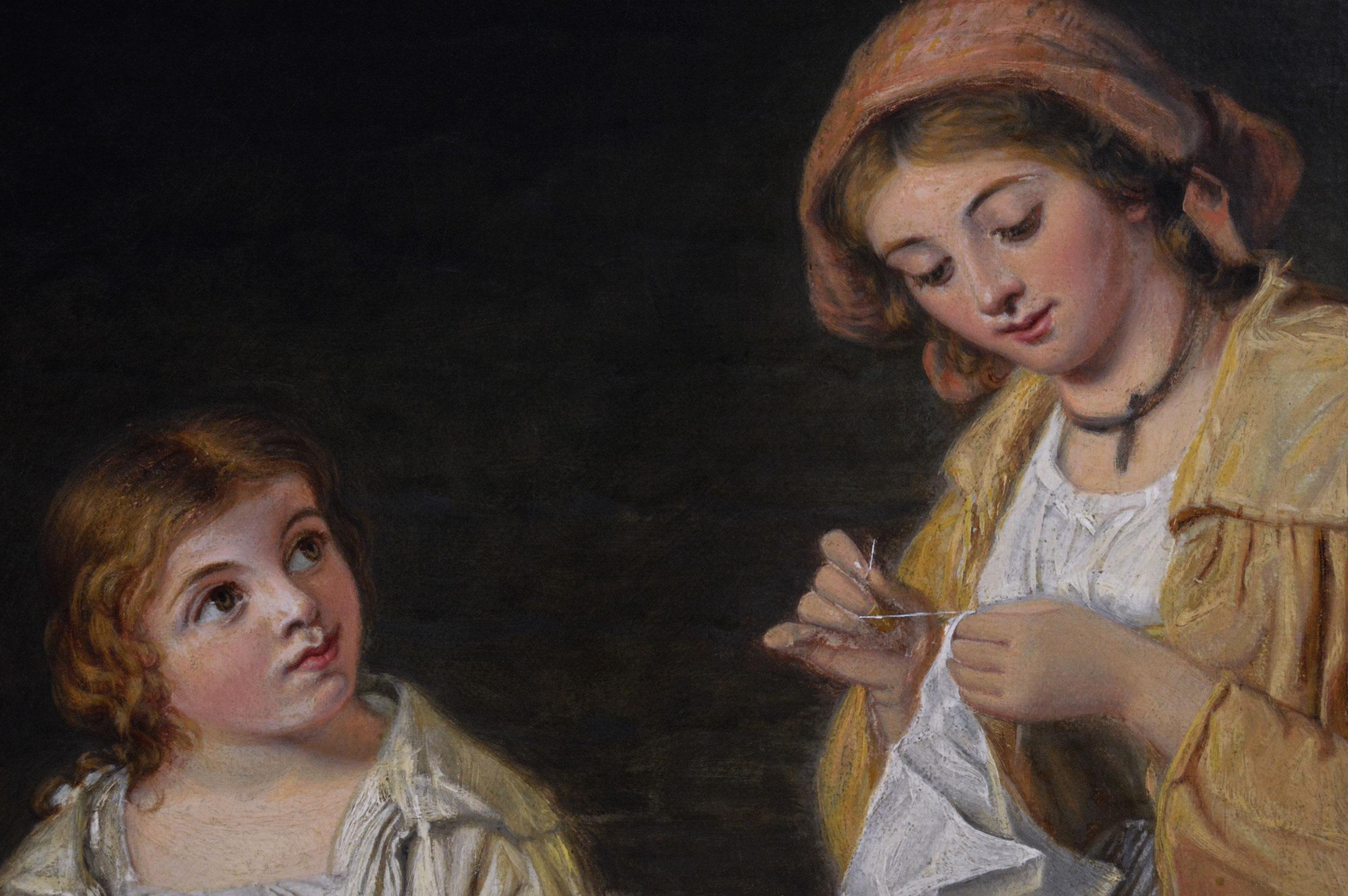 19th Century genre oil painting of a woman & a girl in a cottage - Marron Interior Painting par John William Haynes