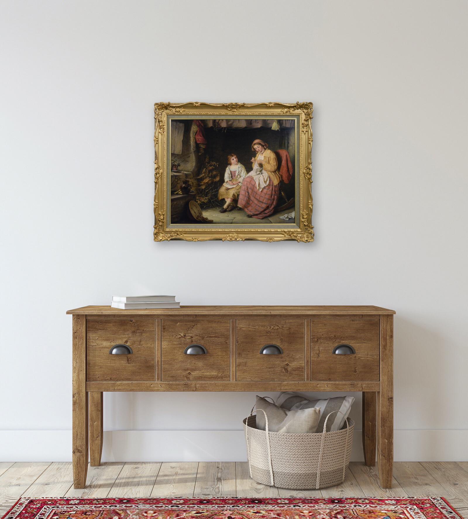 19th Century genre oil painting of a woman & a girl in a cottage en vente 3