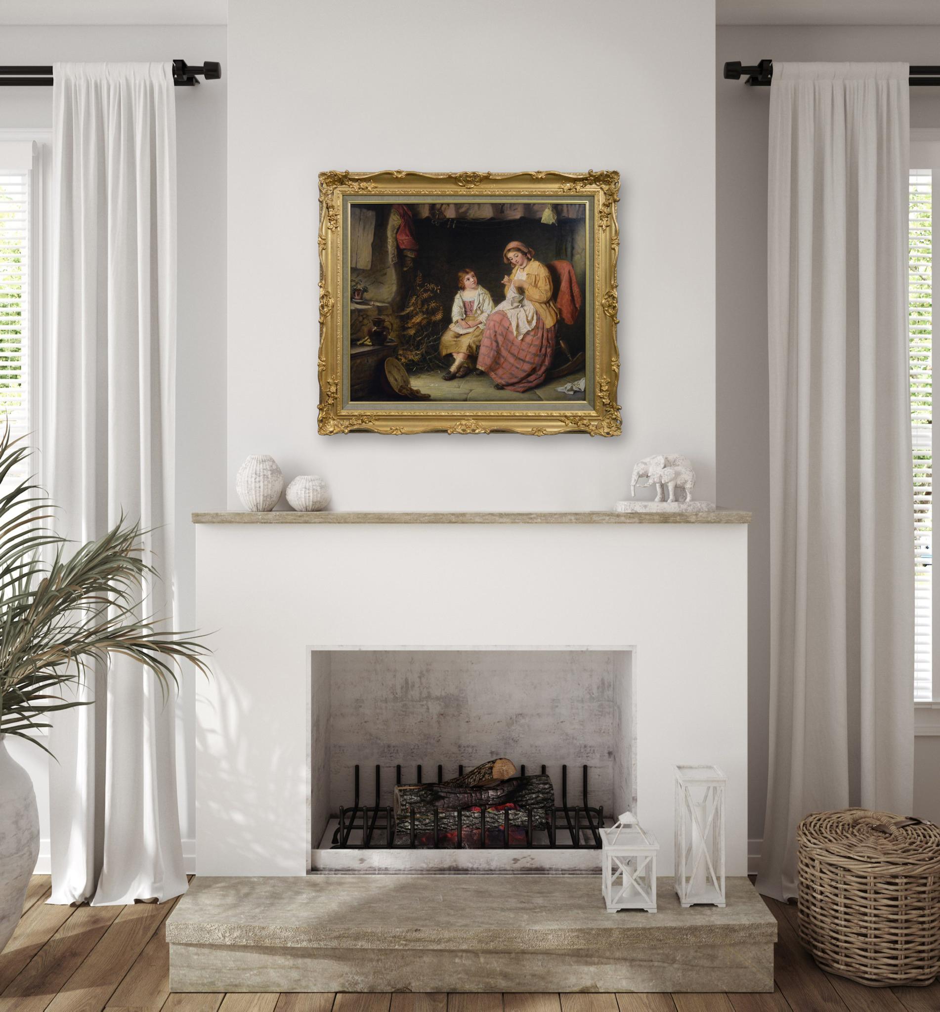 19th Century genre oil painting of a woman & a girl in a cottage en vente 4