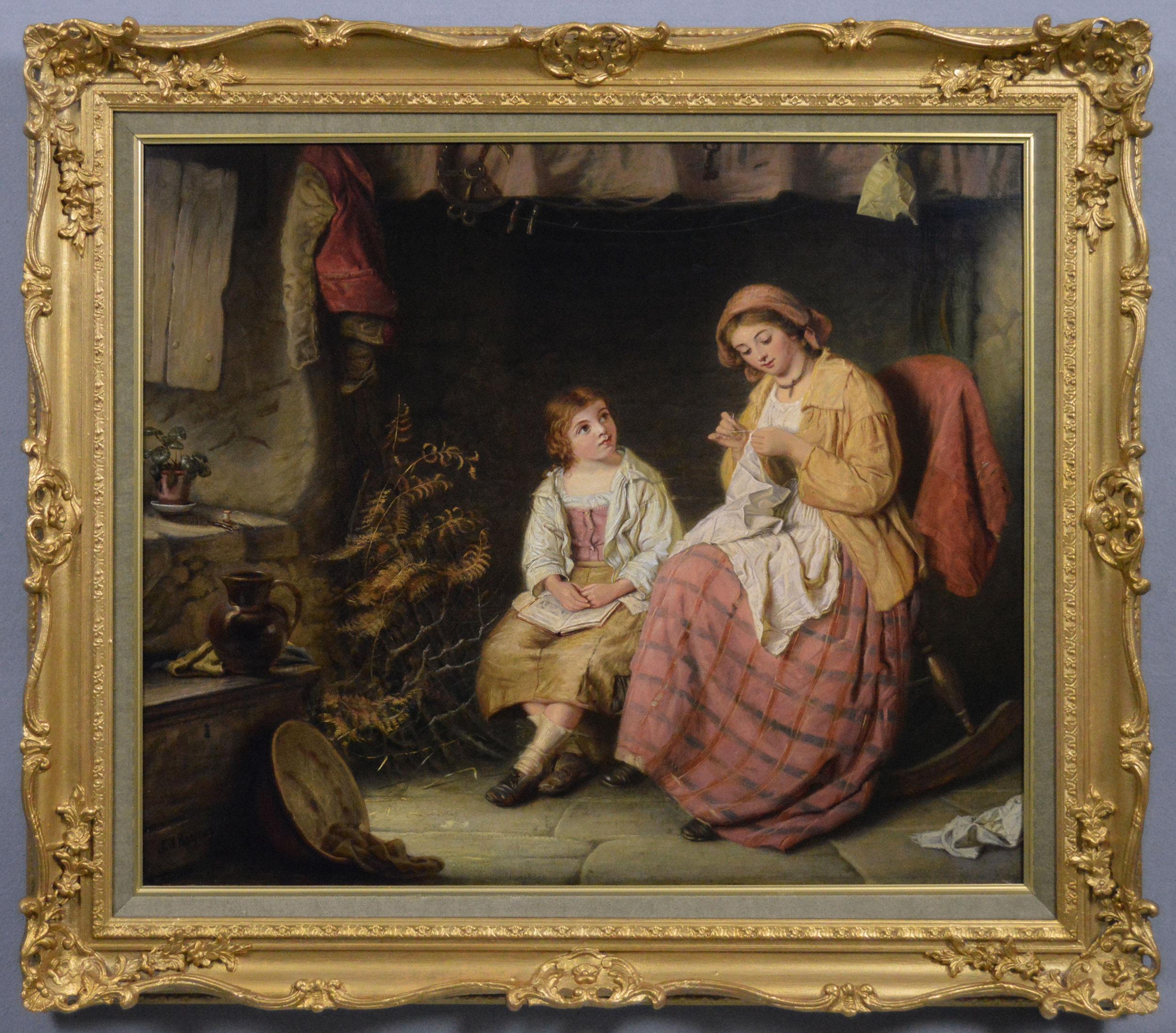 19th Century genre oil painting of a woman 
a girl in a cottage