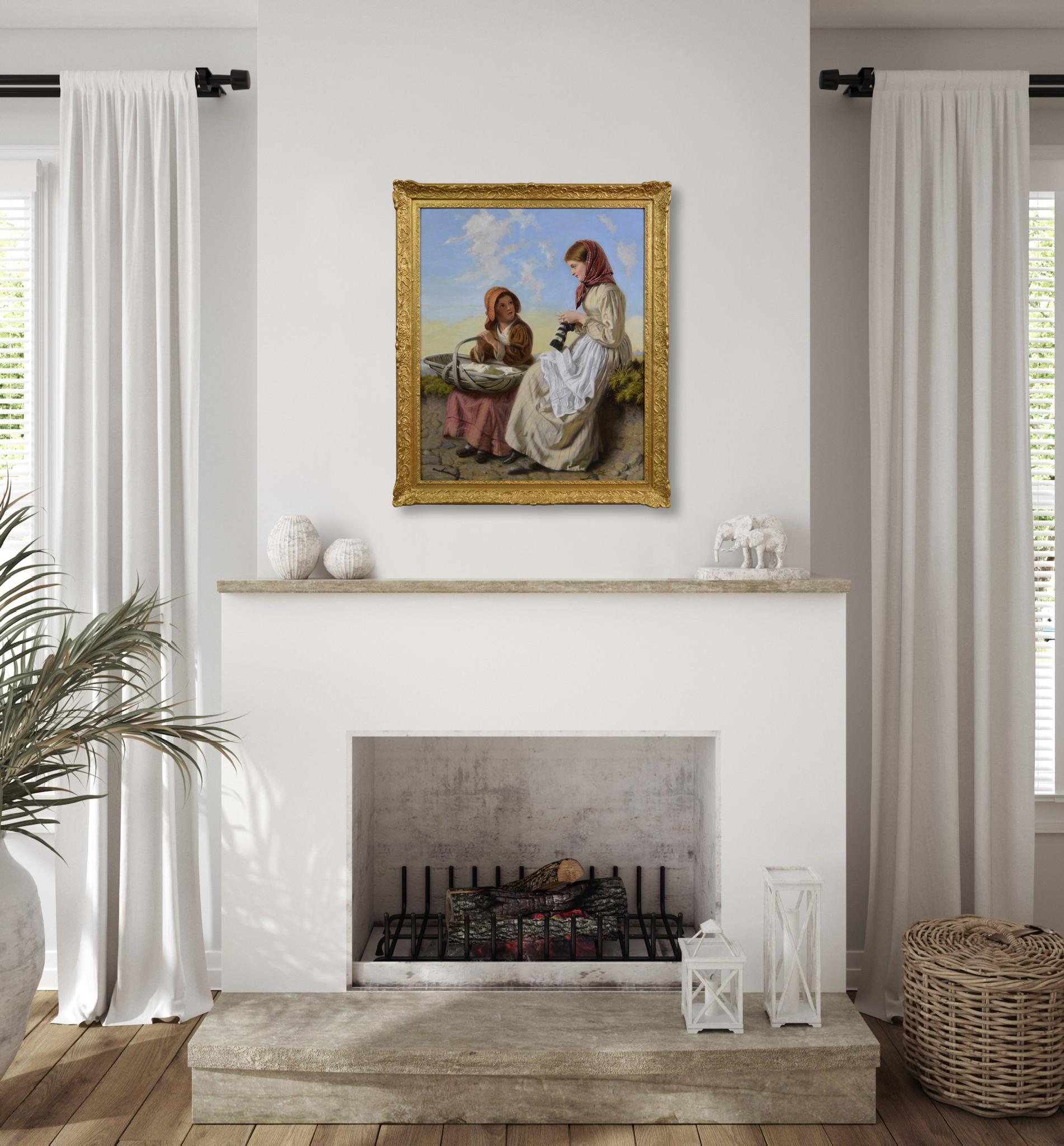 19th Century genre oil painting of a young woman knitting beside a girl For Sale 2