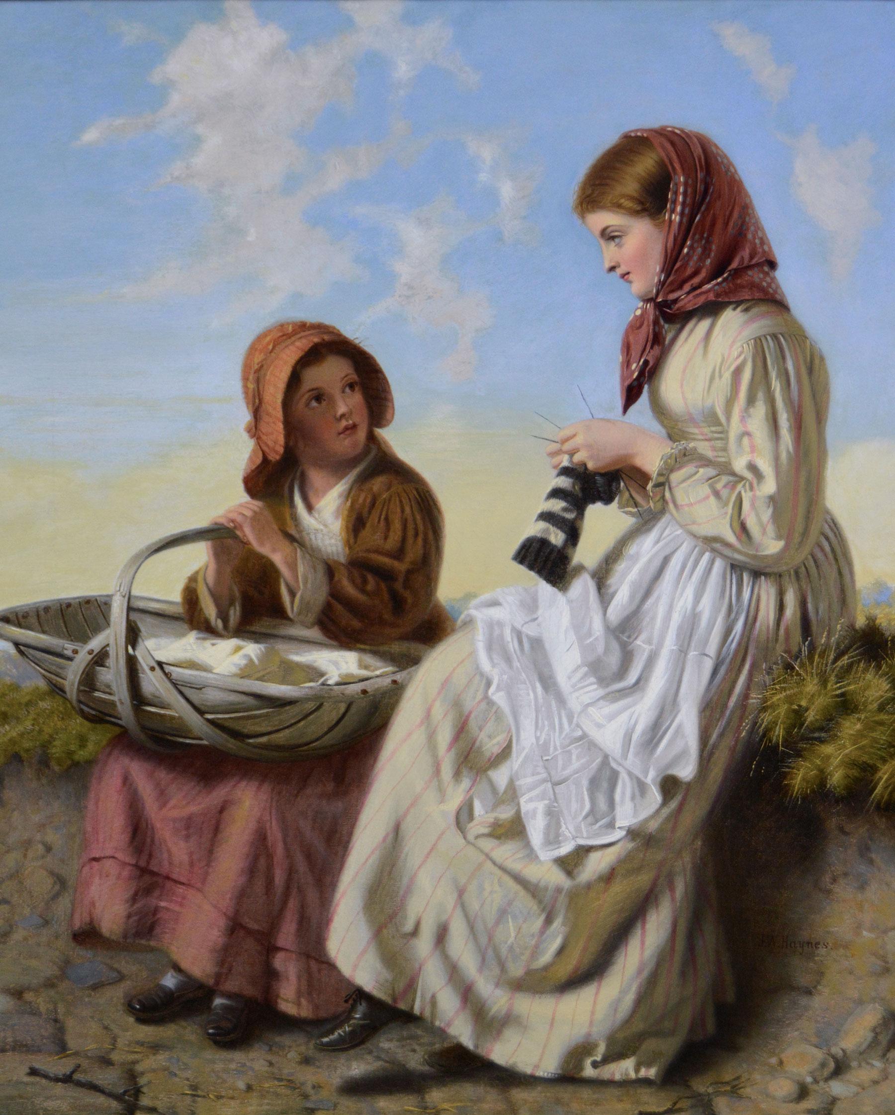 19th Century genre oil painting of a young woman knitting beside a girl - Painting by John William Haynes