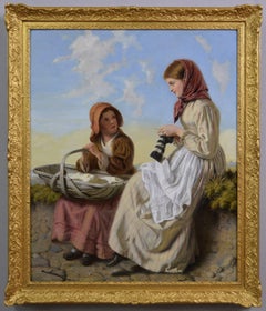 19th Century genre oil painting of a young woman knitting beside a girl