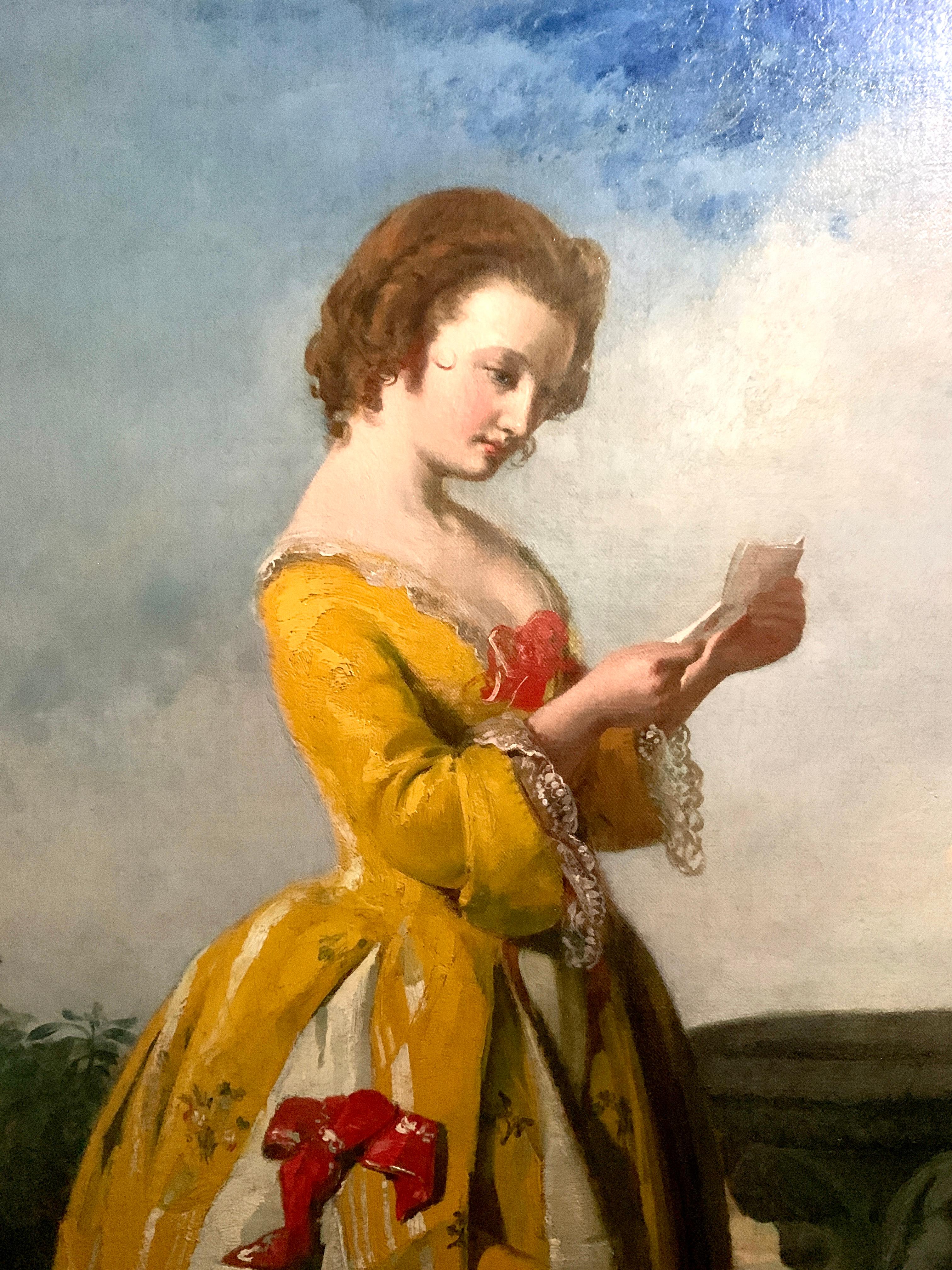 Antique English Victorian garden oil painting of a lady reading a love letter - Painting by John William Haynes