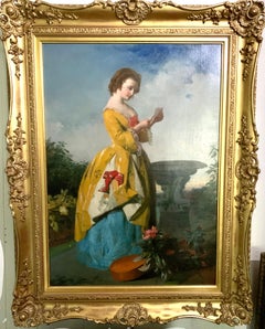 Antique English Victorian garden oil painting of a lady reading a love letter