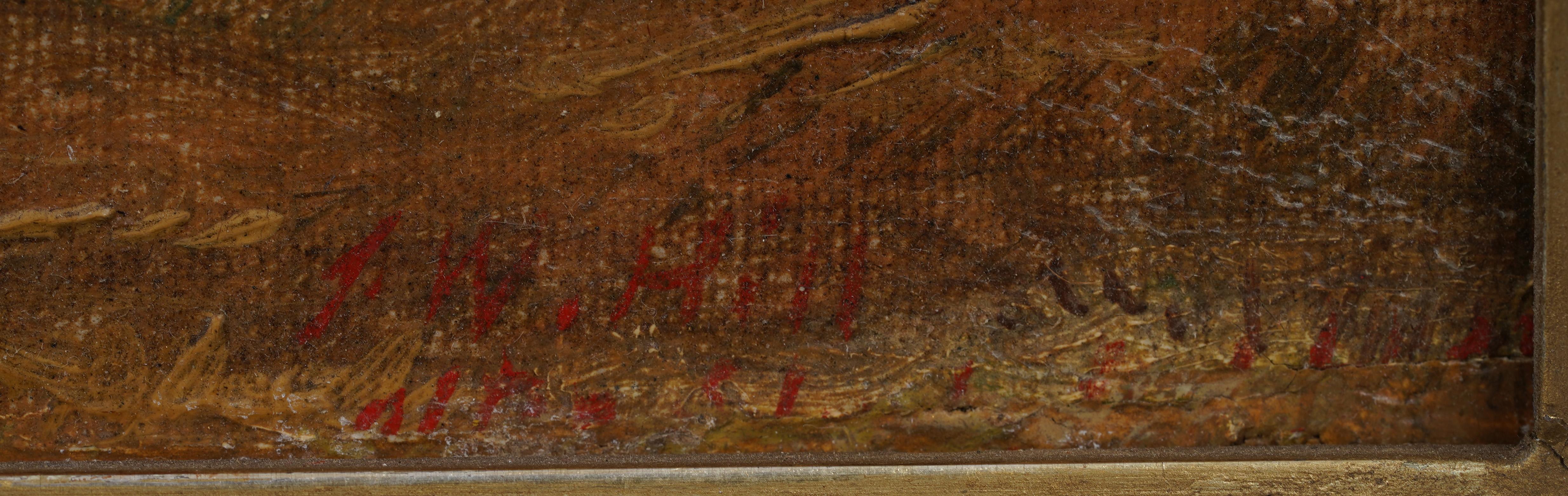 Antiguo óleo paisajístico americano de la Escuela del Río Hudson de John William Hill (1812 - 1879). Óleo sobre lienzo. Firmado. Enmarcado. Mide 22 por 31 pulgadas en total y 15 por 24 pintado solo. Bellamente enmarcado en un  molduras de oro. 