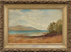 Pintura al óleo antigua "Aguas tranquilas" enmarcada de la Escuela del Río Hudson