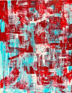 Peinture acrylique abstraite contemporaine du 20ème siècle rouge, blanche et bleue
