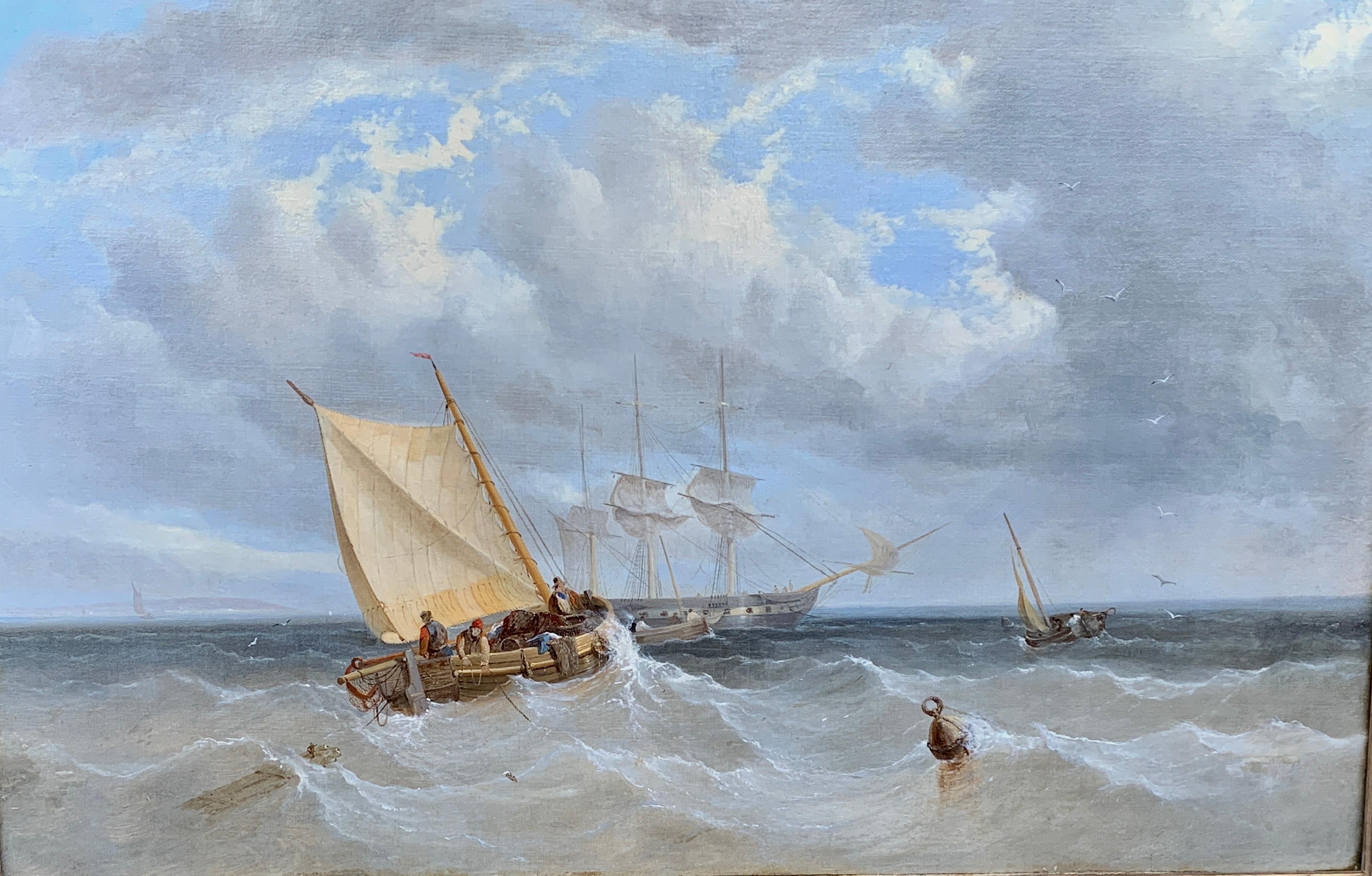 19th century English oil, seascape with fishing boats off the English coast - Painting by John Wilson Carmichael