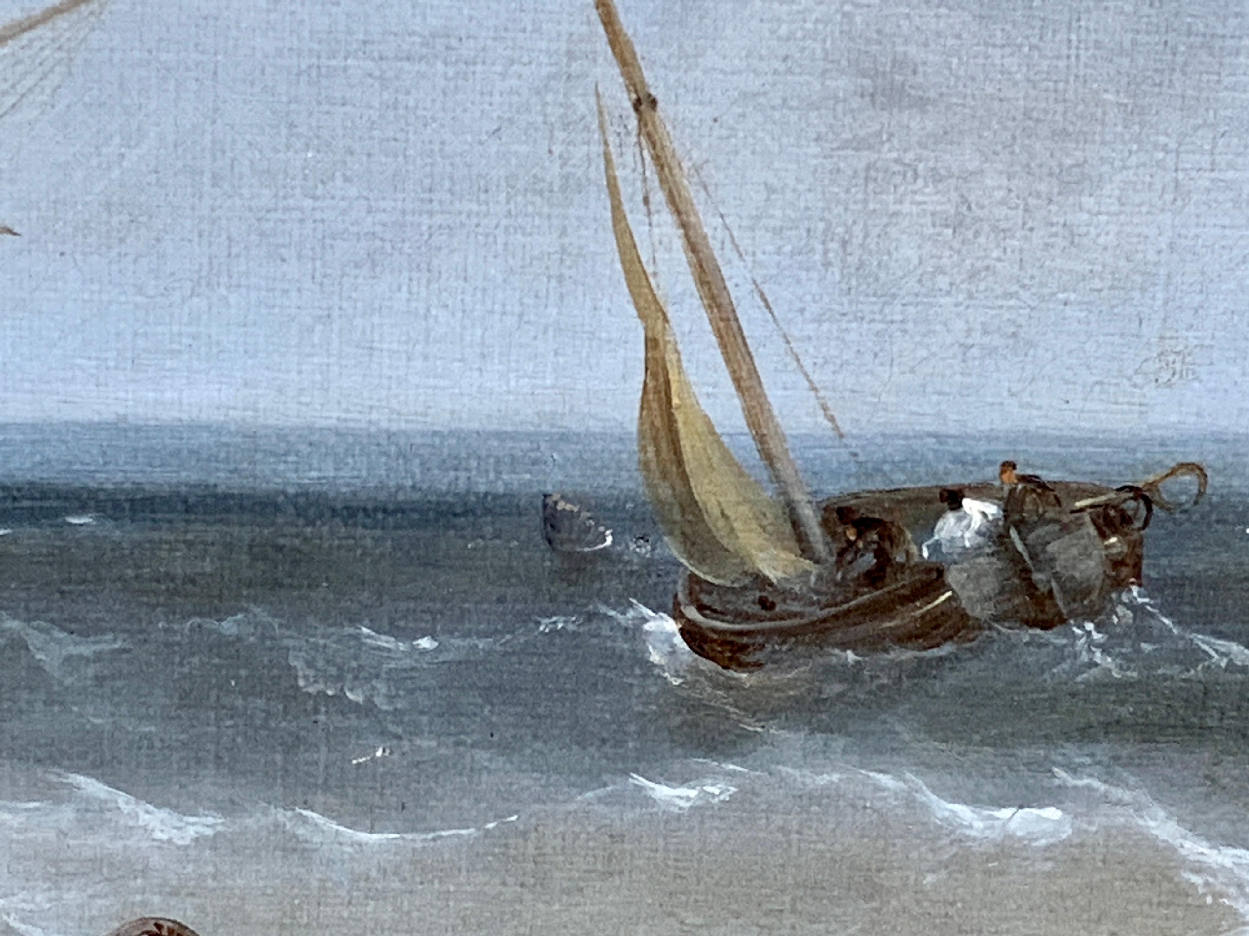 19th century English oil, seascape with fishing boats off the English coast - Victorian Painting by John Wilson Carmichael