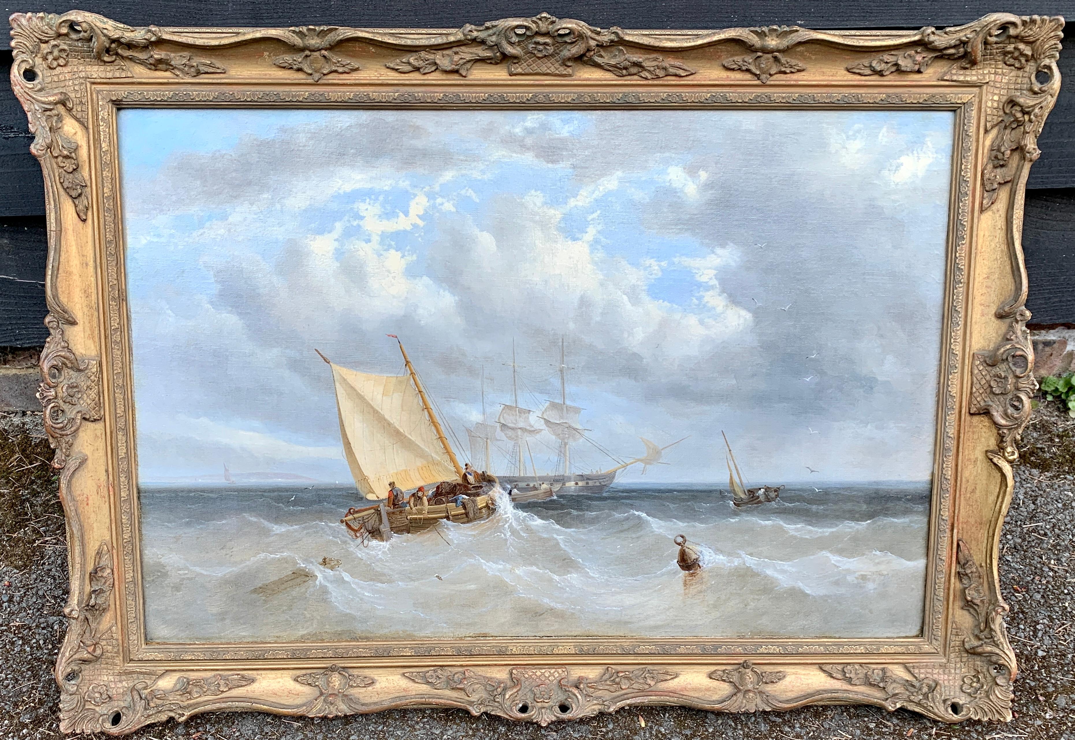 John Wilson Carmichael Figurative Painting - 19th century English oil, seascape with fishing boats off the English coast
