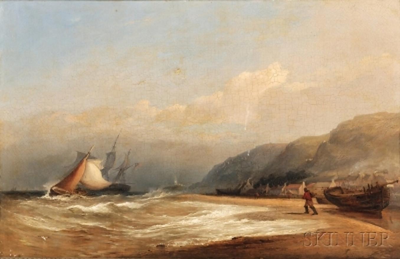  John WILSON Landscape Painting - On the Beach by a Fishing Village, 1800-e