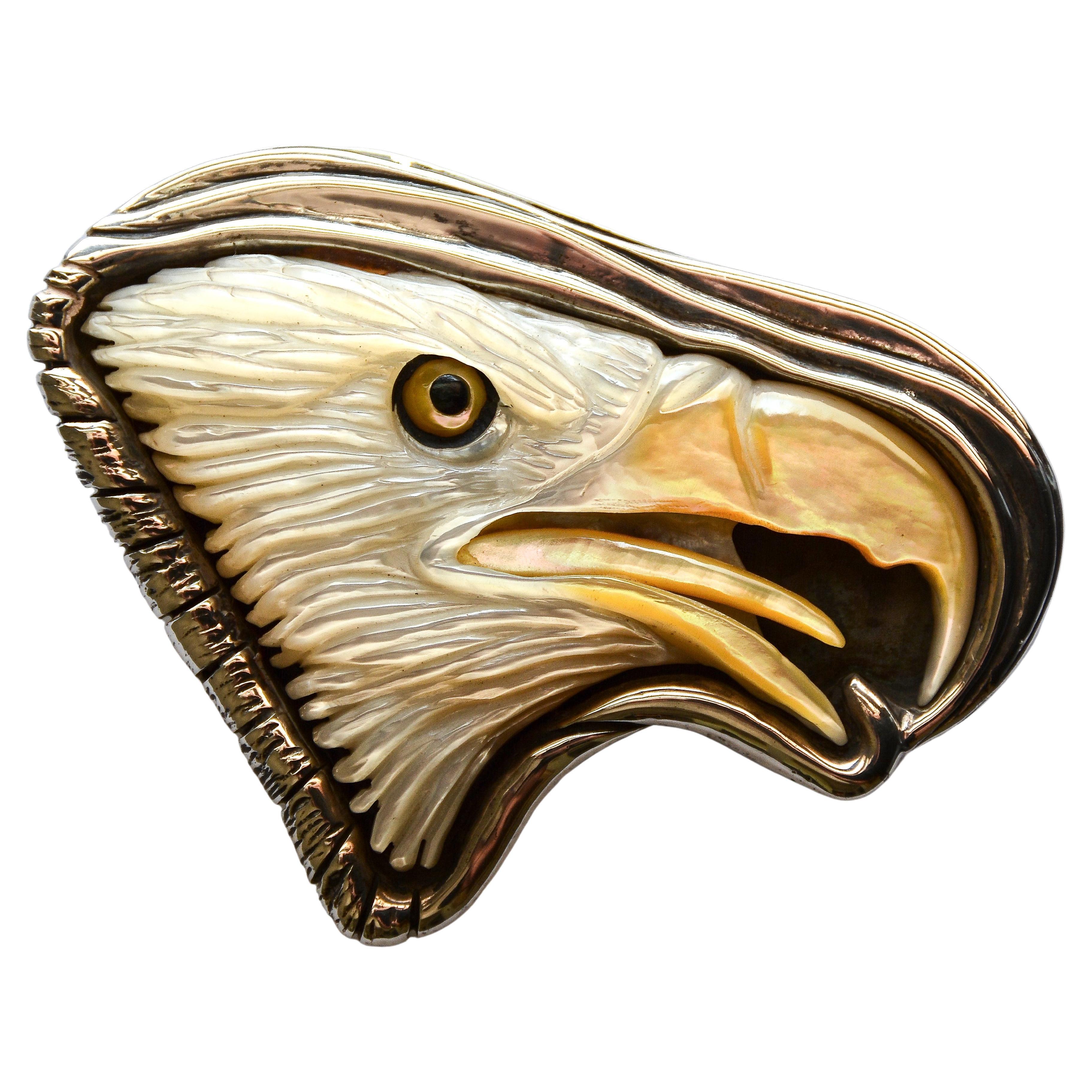 John Winston Mother of Pearl & Sterling Carved Eagle Head Belt Buckle, 1993 For Sale