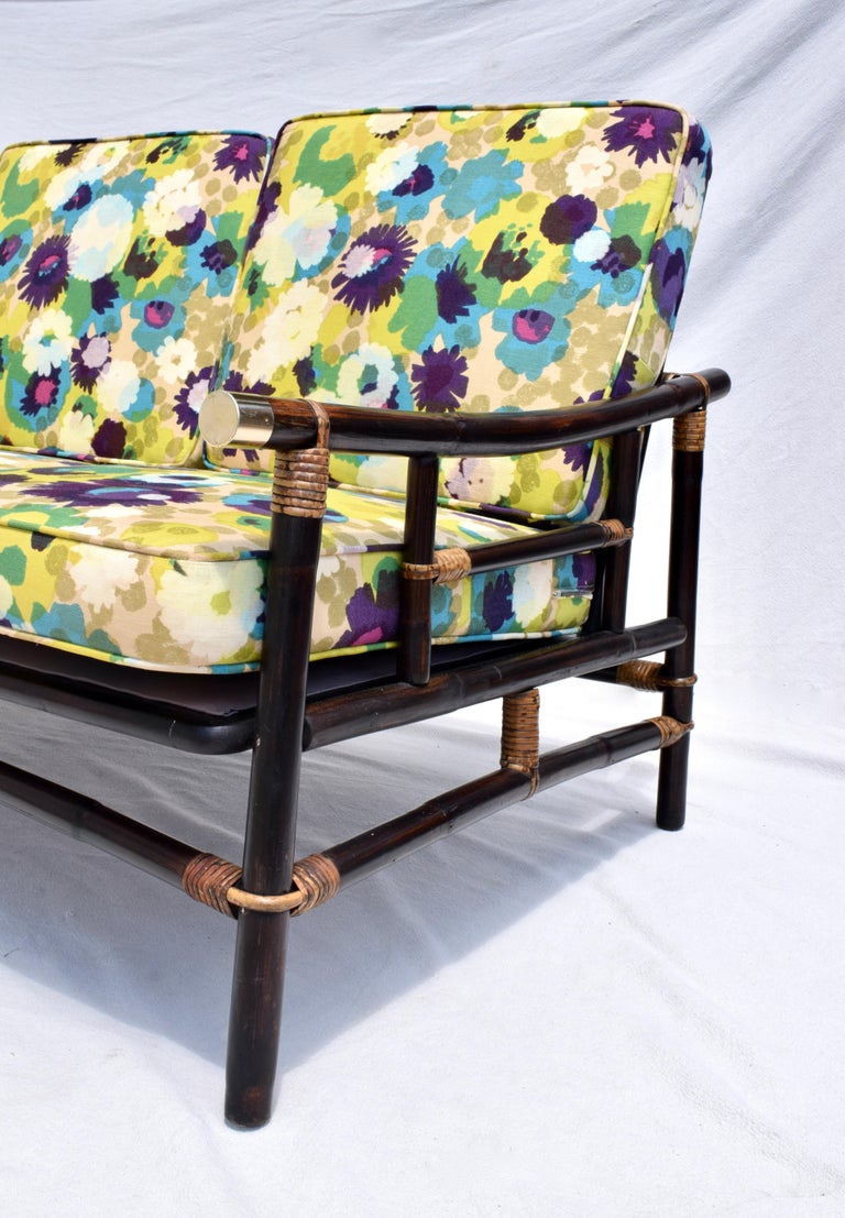 Mid-Century Modern John Wisner Ficks Reed Far Horizons Rattan Sofa in Jack Lenor Larsen Upholstery For Sale