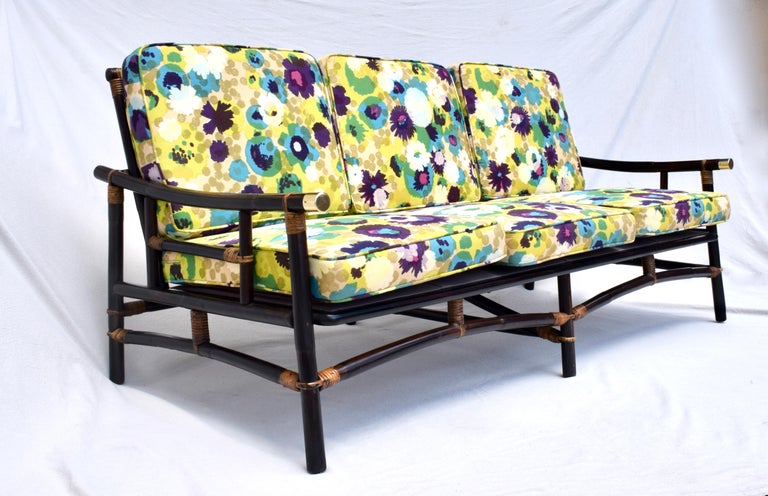 American John Wisner Ficks Reed Far Horizons Rattan Sofa in Jack Lenor Larsen Upholstery For Sale