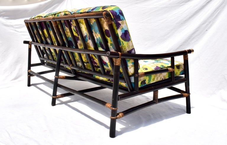 20th Century John Wisner Ficks Reed Far Horizons Rattan Sofa in Jack Lenor Larsen Upholstery For Sale