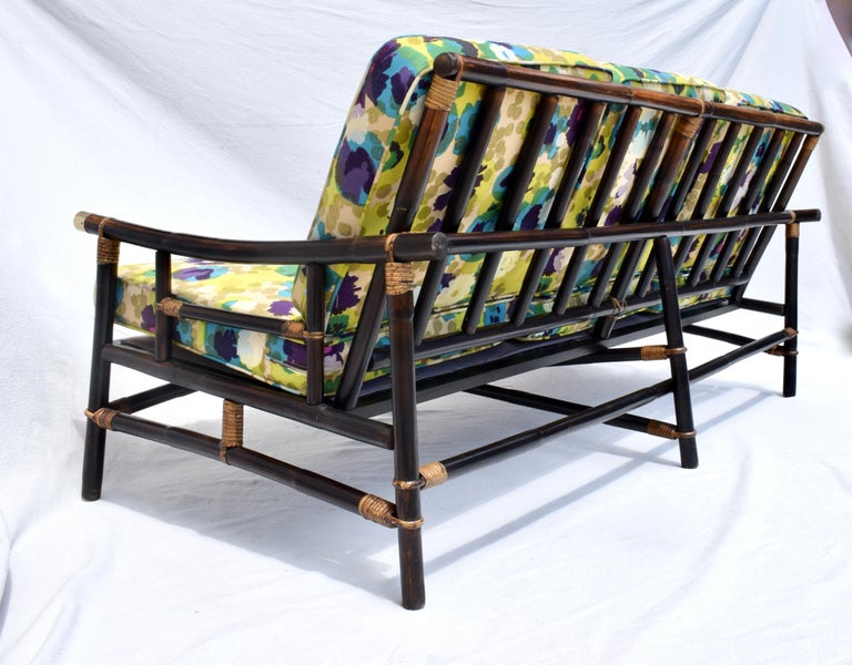 John Wisner Ficks Reed Far Horizons Rattan Sofa in Jack Lenor Larsen Upholstery For Sale 2