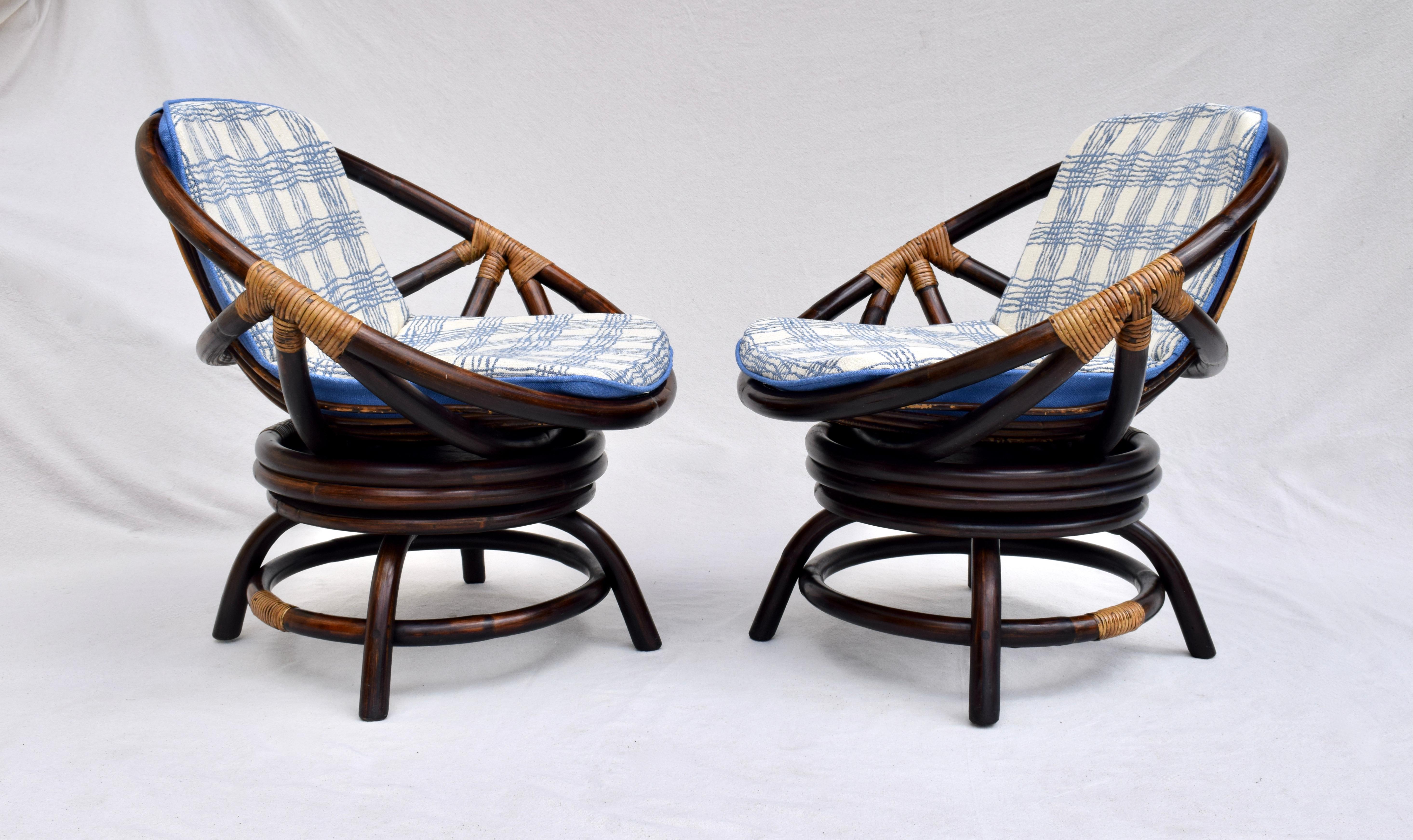 Linen John Wisner Ficks Reed Far Horizons Saucer Swivel Chairs, Pair