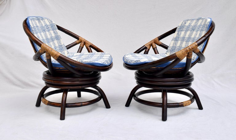 Linen John Wisner Ficks Reed Far Horizons Saucer Swivel Chairs, Pair For Sale