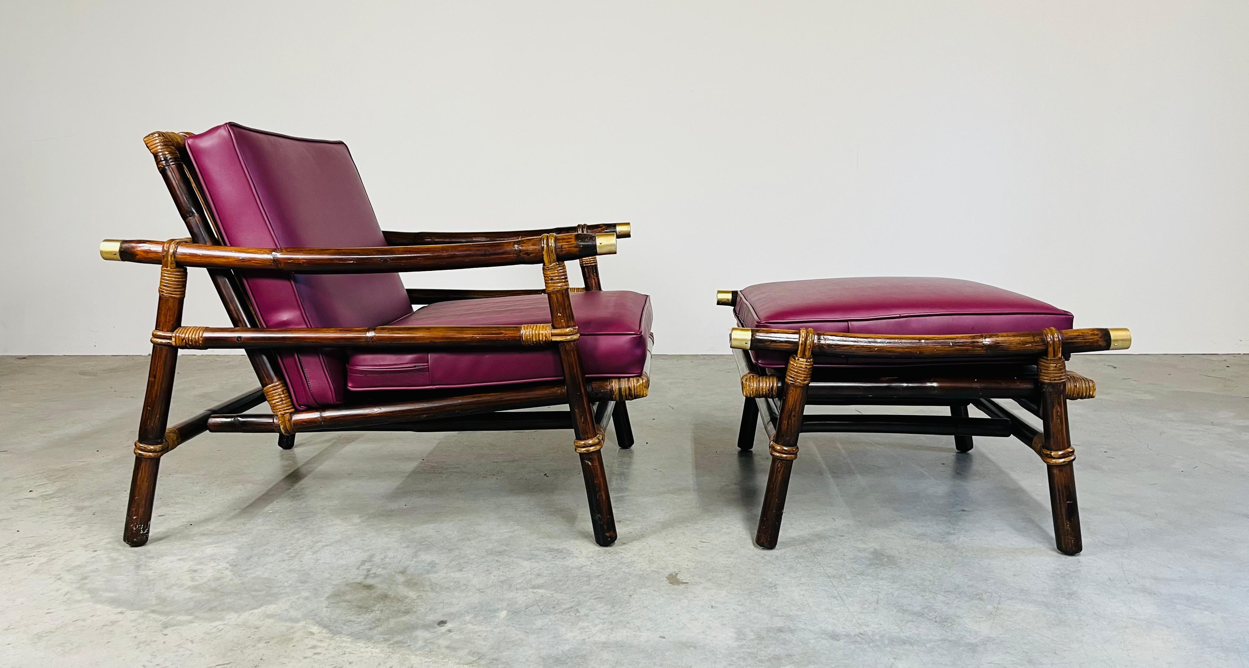John Wisner Ficks Reed Pagode Bambus Rattan Loungesessel mit Ottomane Set (Moderne der Mitte des Jahrhunderts) im Angebot