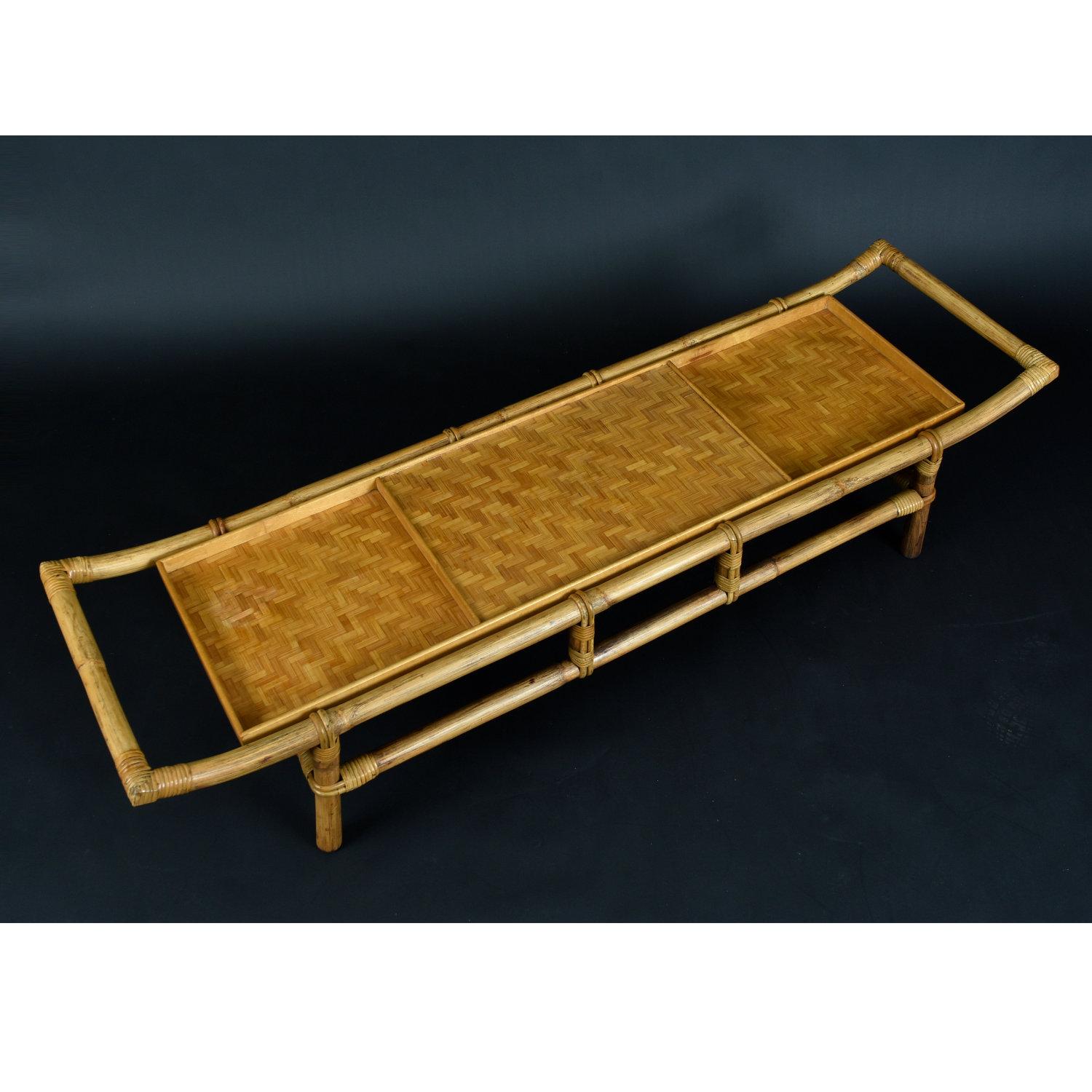 American John Wisner for Ficks Reed Asian Modern Rattan Bamboo Pagoda Coffee Table For Sale