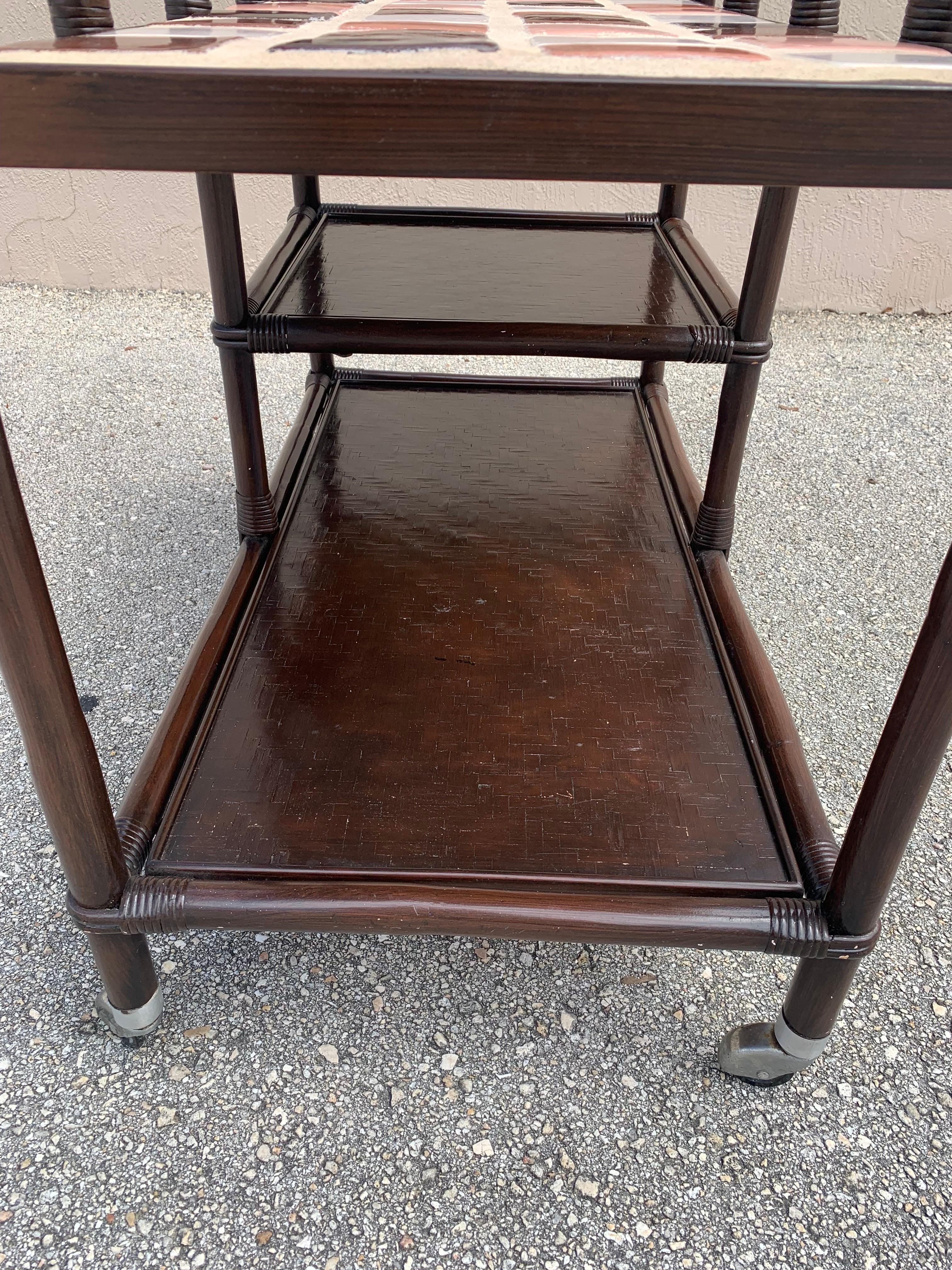 20th Century John Wisner for Ficks Reed Brown Lacquer Rattan Bar Cart. For Sale