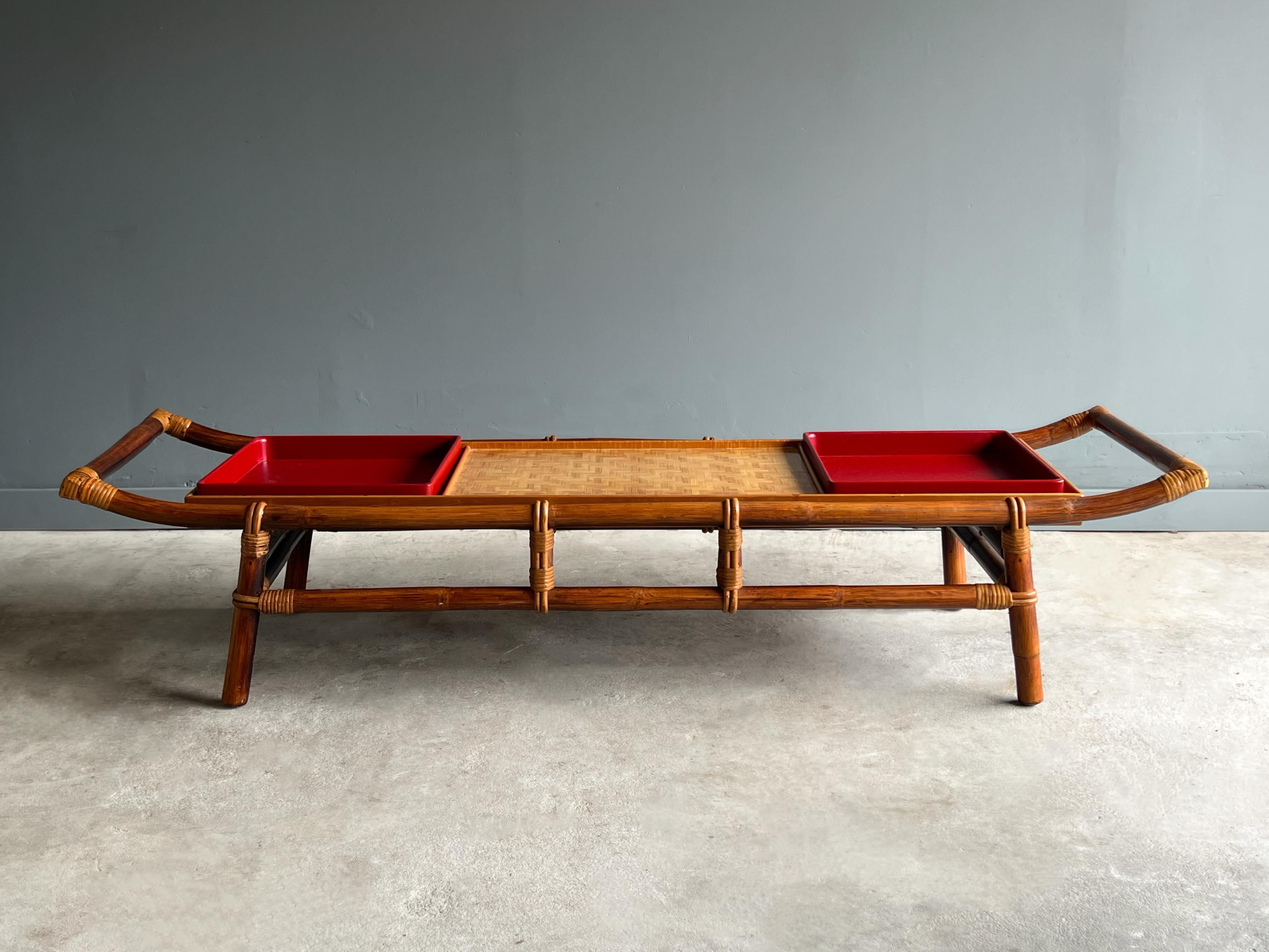 Mid-Century Modern John Wisner for Ficks Reed Coffee Table or Bench, Bamboo and Cane, Circa 1954