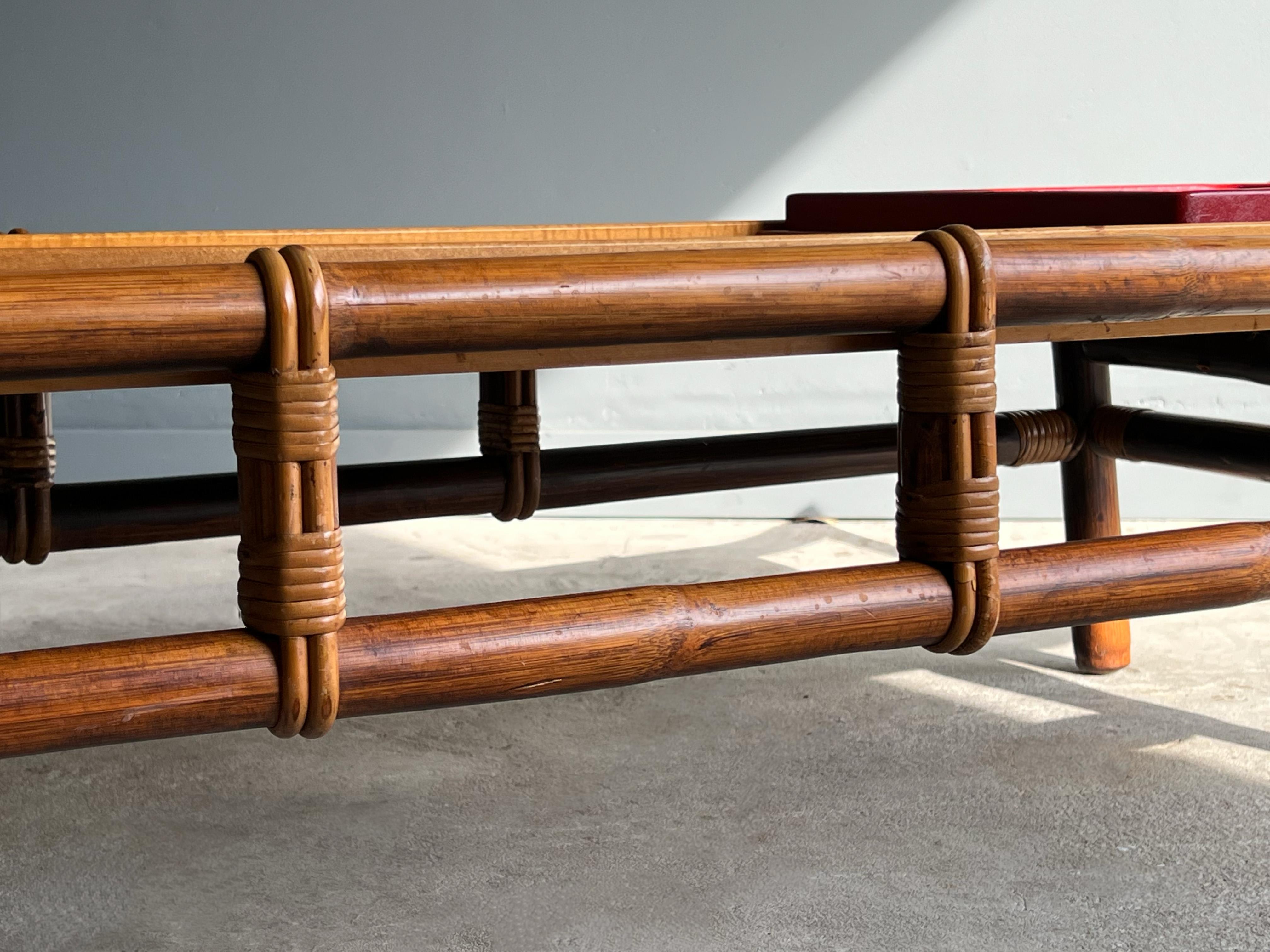American John Wisner for Ficks Reed Coffee Table or Bench, Bamboo and Cane, Circa 1954