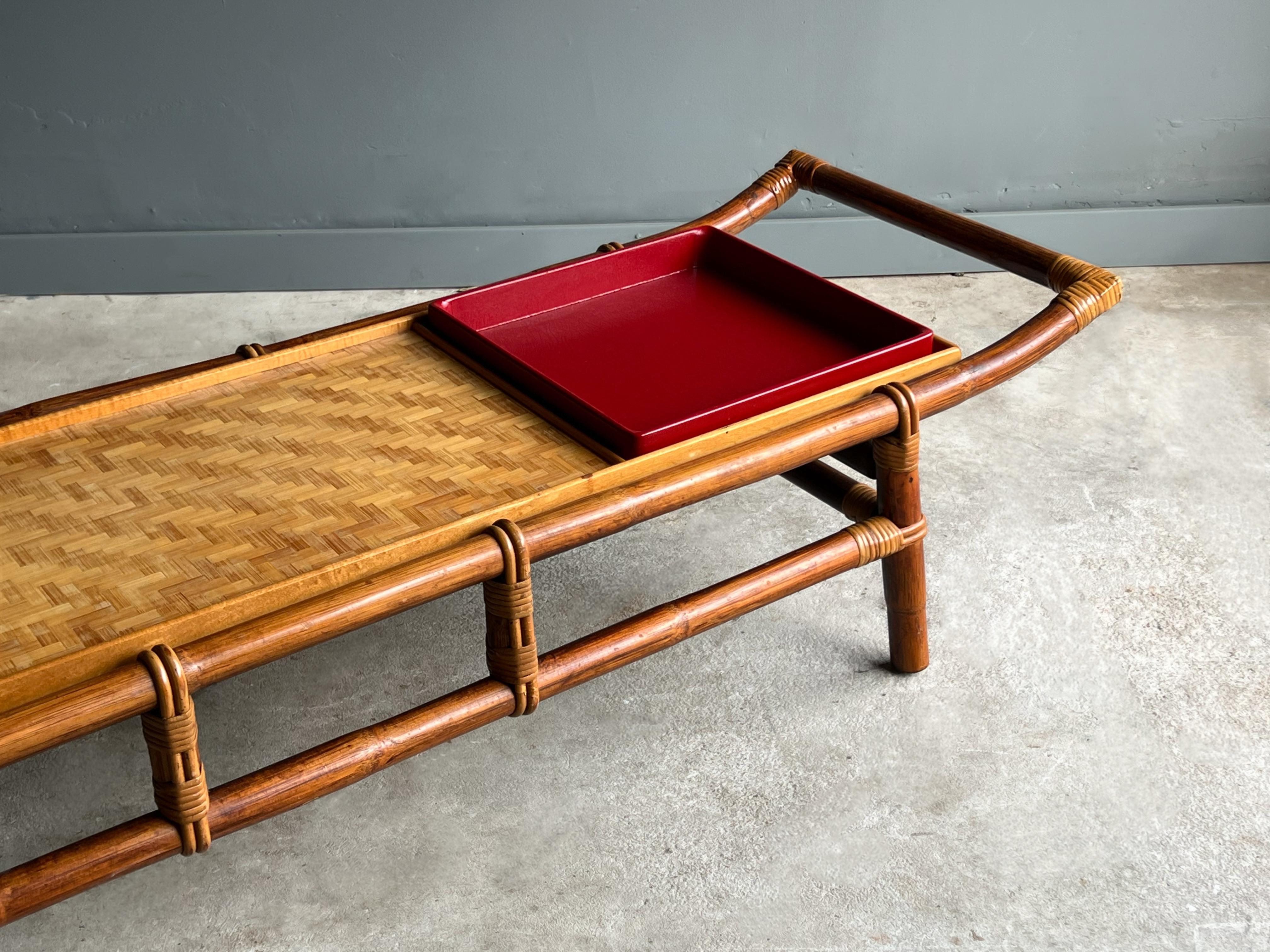 Machine-Made John Wisner for Ficks Reed Coffee Table or Bench, Bamboo and Cane, Circa 1954