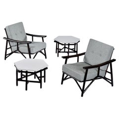 John Wisner for Ficks Reed Far Horizons Rattan Lounge Chairs With End Tables