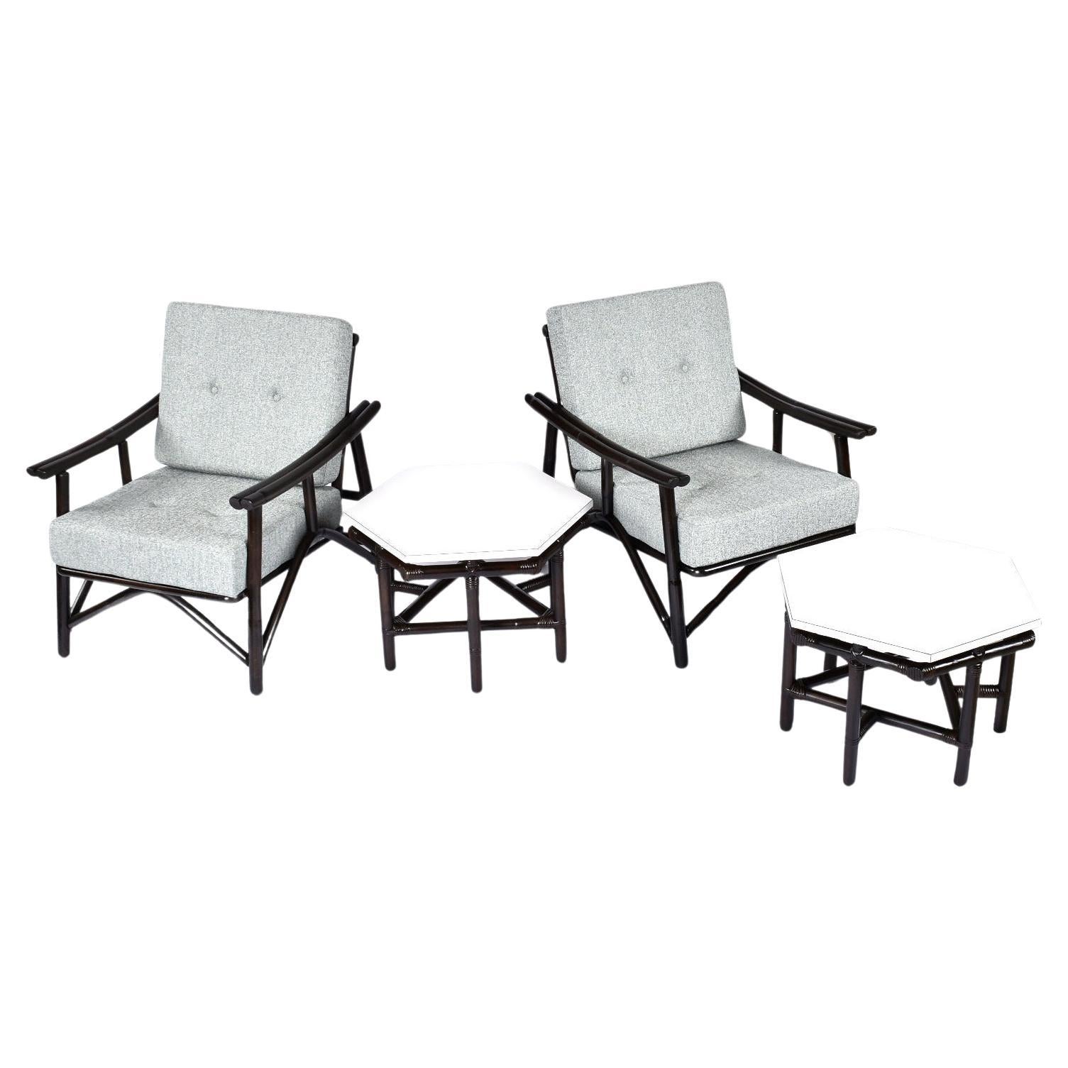 John Wisner for Ficks Reed Far Horizons Rattan Lounge Chairs With End Tables