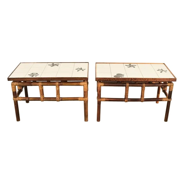 John Wisner for Ficks Reed Hollywood Regency Tile Top Side Tables, 1950s