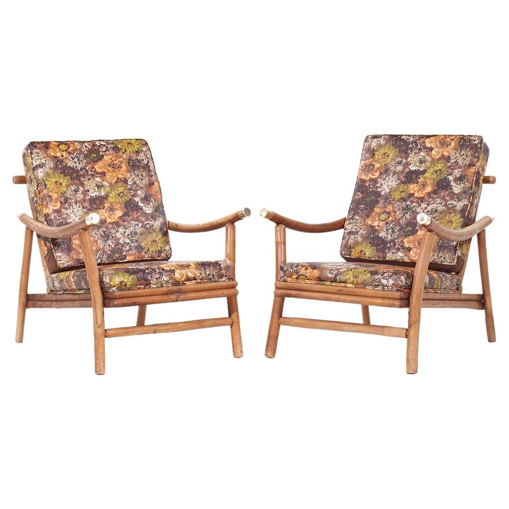 John Wisner for Ficks Reed MCM Brass and Rattan Pagoda Lounge Chairs - Pair