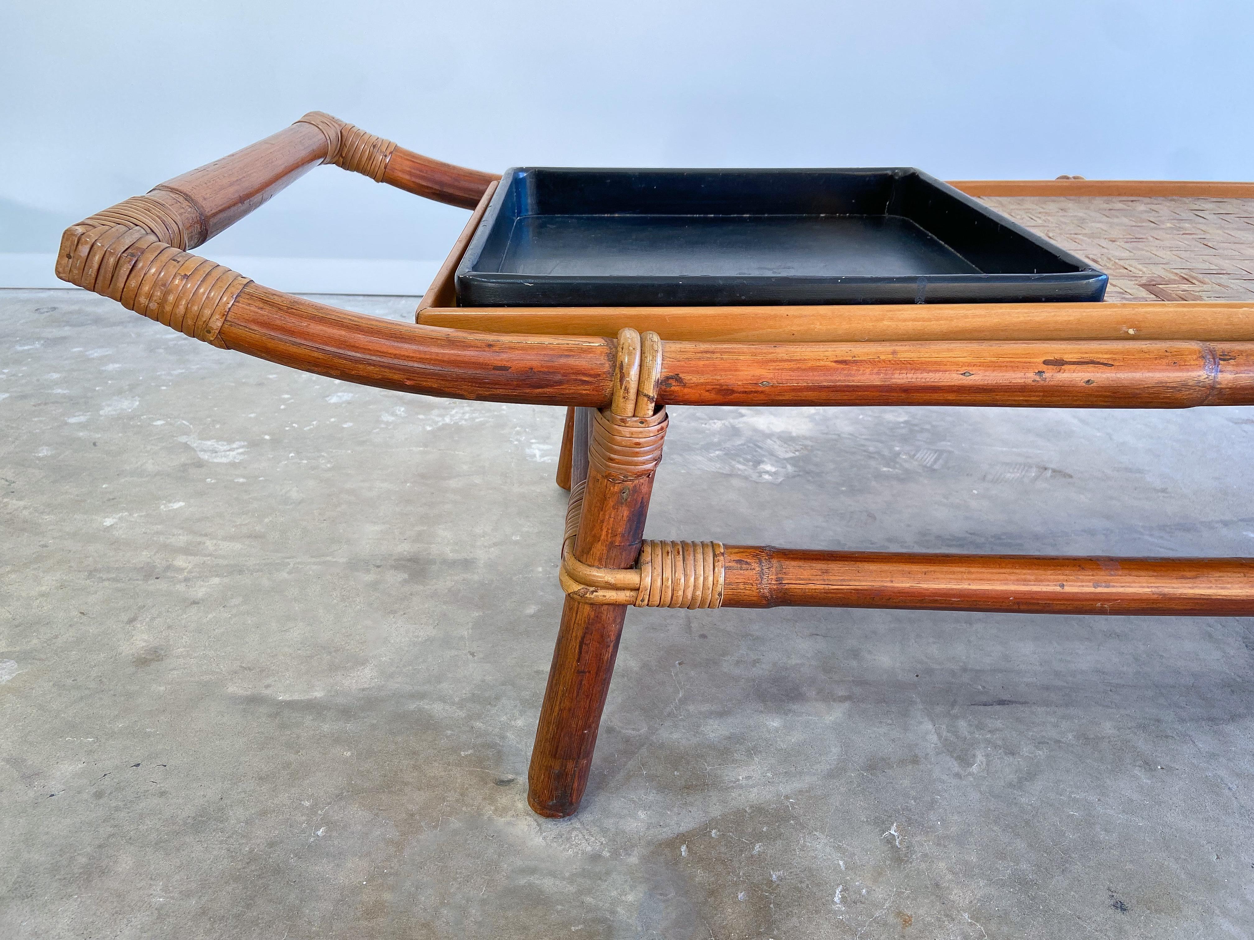 Mid-Century Modern John Wisner for Ficks Reed Pagoda Coffee Table/Bench, Bamboo and Cane, 1950's For Sale